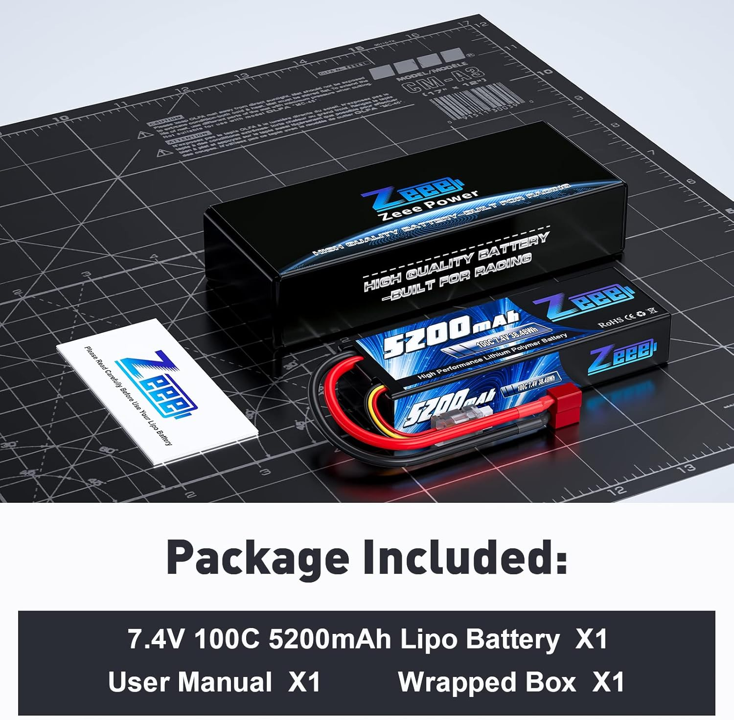 Zeee 2S Lipo Battery 7.4V 100C 5200Mah Hard Case with T Connector for 1/8 1/10 RC Vehicles Car Trucks Airplane Boats