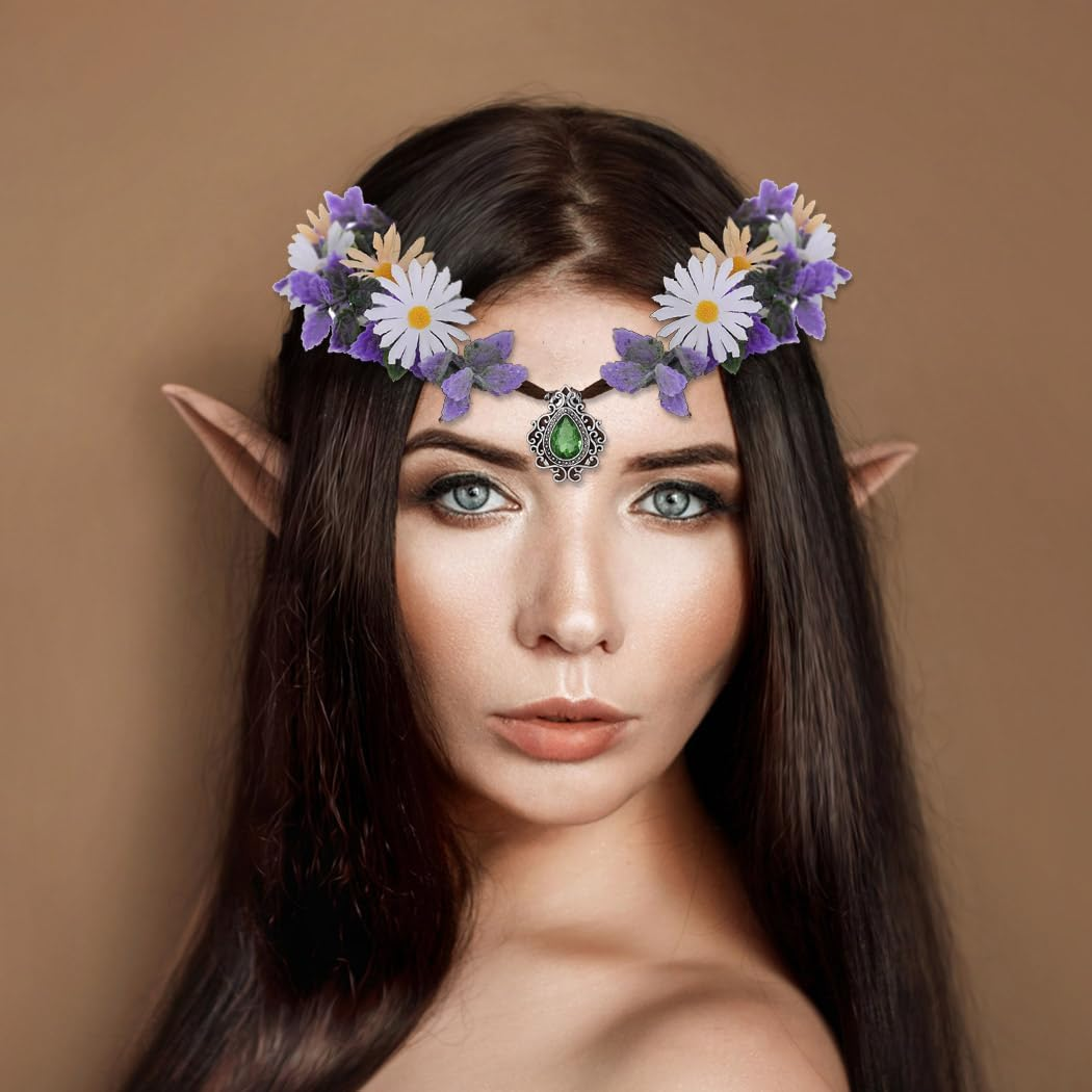 IYOU Elf Fairy Flower Crown Purple Floral Headband Crystal Leaf Headpieces Beach Wedding Hair Accessories for Women and Girls