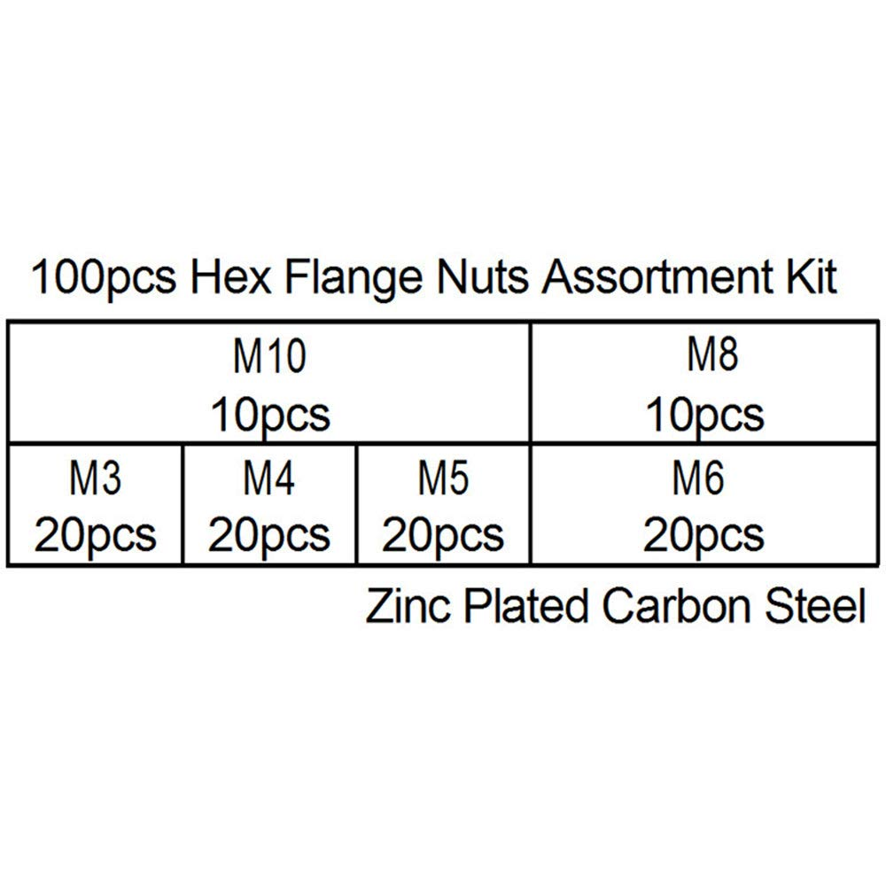 M3-M10 100 PCS Hex Flange Nuts Sets, Hex Carbon Steel Zinc Serrated Threaded Nuts Kit Flange Locknuts Assortment Kits image number 1