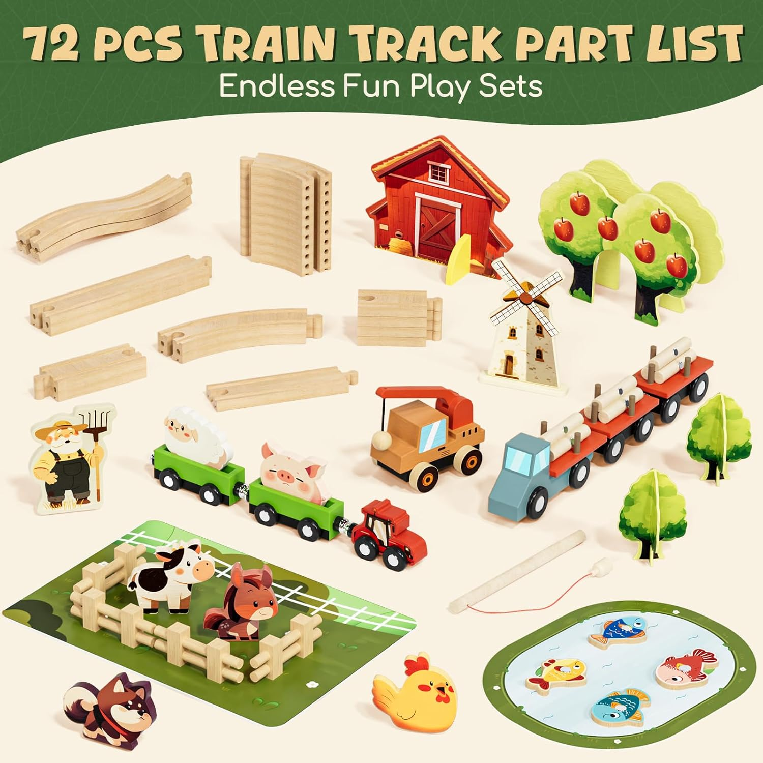 Lehoo Castle Wooden Toys, Wooden Train Set, Toy Trains & Train Sets, Kids Toys for 3 4 5 Year Old Boys with Fishing Game, STEM Toy for Boys Girls image number 3