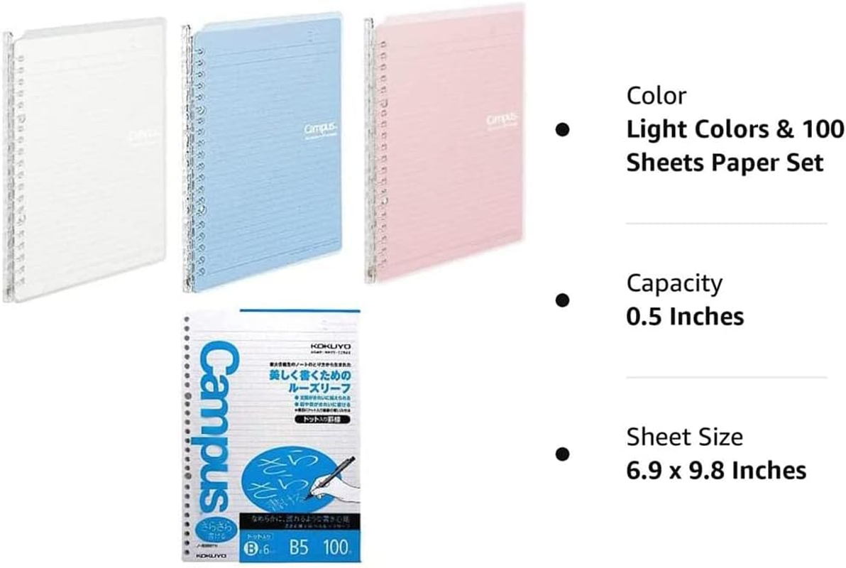 Kokuyo Campus Smart Ring Binder, up to 25 Sheets, B5, 26 Holes (Clear, Light Blue, Light Pink & 100 Sheets Paper Set) image number 4