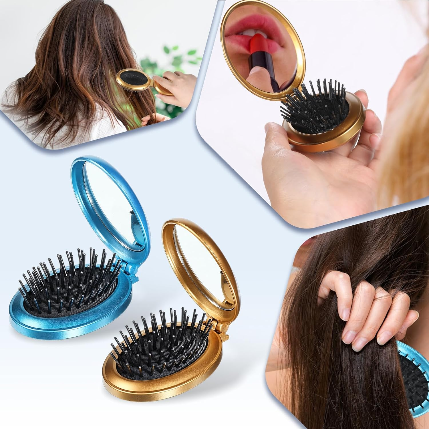 Foldable Hair Brush with Mirror, 2 Pcs Oval Mini Hair Brush Portable Travel Size Compact Hairbrush Small Anti-Static Pocket Comb Hair-Styling Tools for Women Home Travel Gym Purse (Gold, Blue) image number 6