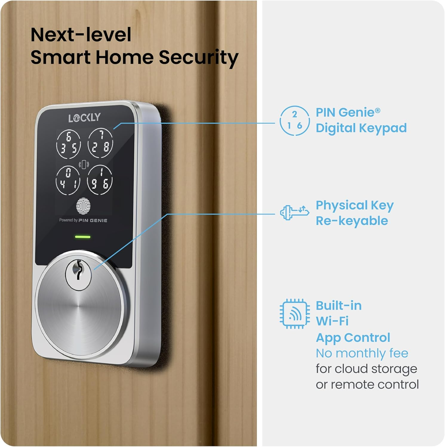 Lockly PIN Genie Pro Zeno Series Smart Door Lock. Video and Fingerprint Access Keyless Entry Deadbolt. Digital Front Door Lock Satin Nickel with Built in Wifi Connectivity image number 4