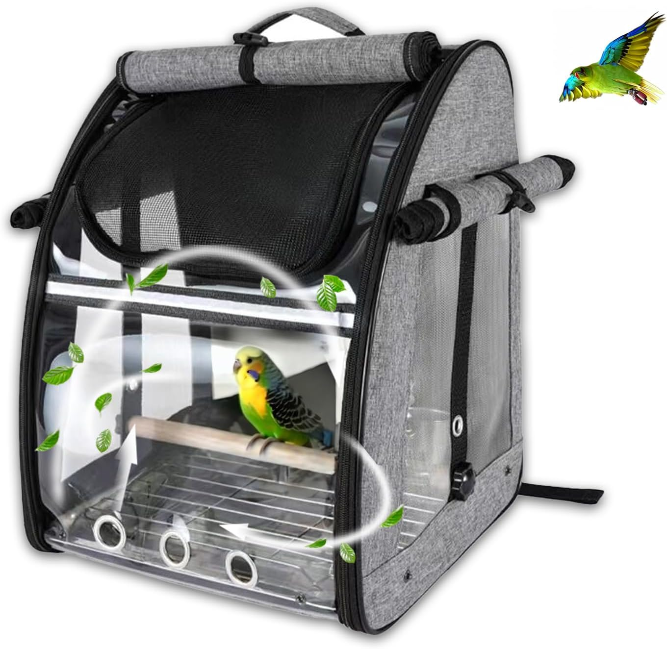 Bird Carrier Backpack - Pet Travel Cage with Upgraded Tray and Standing Perches, Breathable & Portable, for Small Birds, Green Cheek, Cockatiel, Parrot(Grey) image number 5