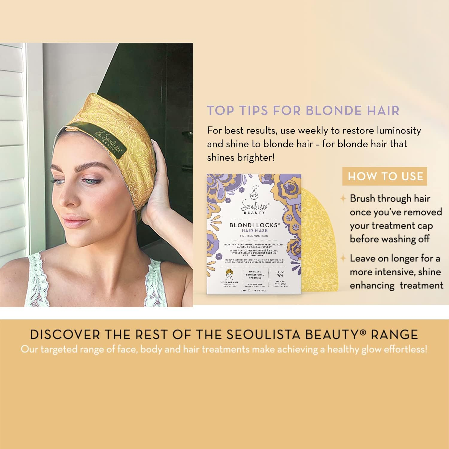 Seoulista Beauty Blondi Locks Hair Mask - HELP RESTORE LUMINOSITY and SHINE to BLONDE HAIR | Designed to Deeply Hydrate, Strengthen and Deliver a Shimmering Sheen to Blonde Hair, Beige image number 1