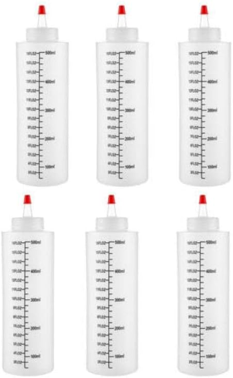6PCS 250/500ML Sauce Bottle Squeeze Crafts Bottle Condiment Dispenser, Leak-Proof Red Cap, Clear Food-Grade PE, Bpa-Free, with Measurement Marks