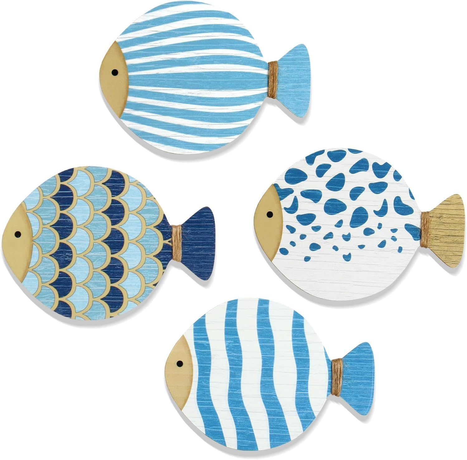 4 PCS Vintage Beach Wall Decor Wooden Fish Nautical Wall Art Coastal Wall Art Blue Fish Wall Sculpture Lake House Hanging Decor Ocean Room Decor for Bathroom Bedroom image number 3