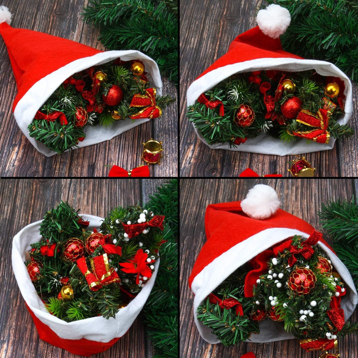 Qcfang Christmas Hats 4 Pack Fabric Santa Claus Hats Xmas Holiday Hats Traditional Red and White Plush Christmas Santa Hats Holiday Party Hats for Adults and Kids image number 1