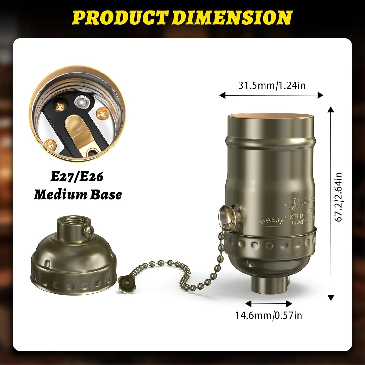 Brightark E27 Pull Chain Lamp Socket, E26/E27 Standard Threaded Base, Lamp Parts for Table and Floor Lamps, Light Bulb Socket with Pull Chain Lamp Switch, Lamp Socket Replacement, 1 Pcs(Antique Brass) image number 2