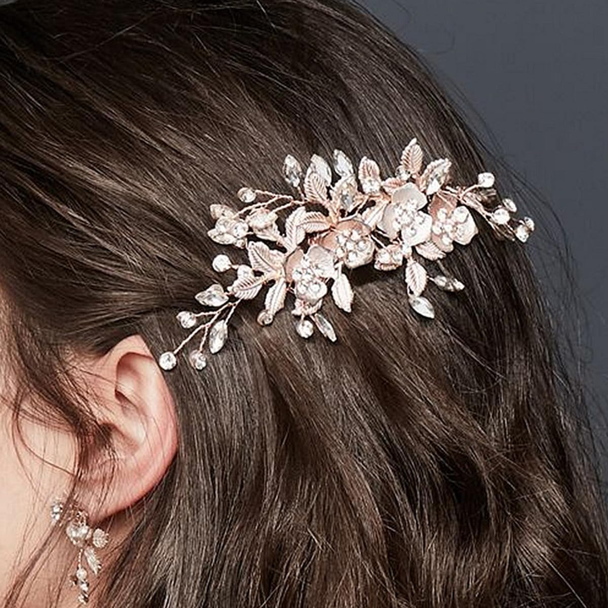 CENPEK Wedding Hair Pin for Women Rose Gold Rhinestone Wedding Hair Pin Handmade Floral Rhinestone Headpiece for Bride Bridesmaids Hair Pin image number 1