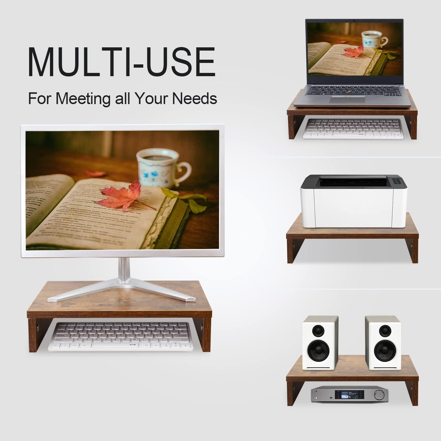 TEAMIX 14.2 Inch Monitor Stand Riser, Rustic Brown Wood Monitor Riser with Storage for Desk Small Monitor Stand Tv/Screen/Pc/Laptop Riser Computer Stand Desktop Shelf image number 2