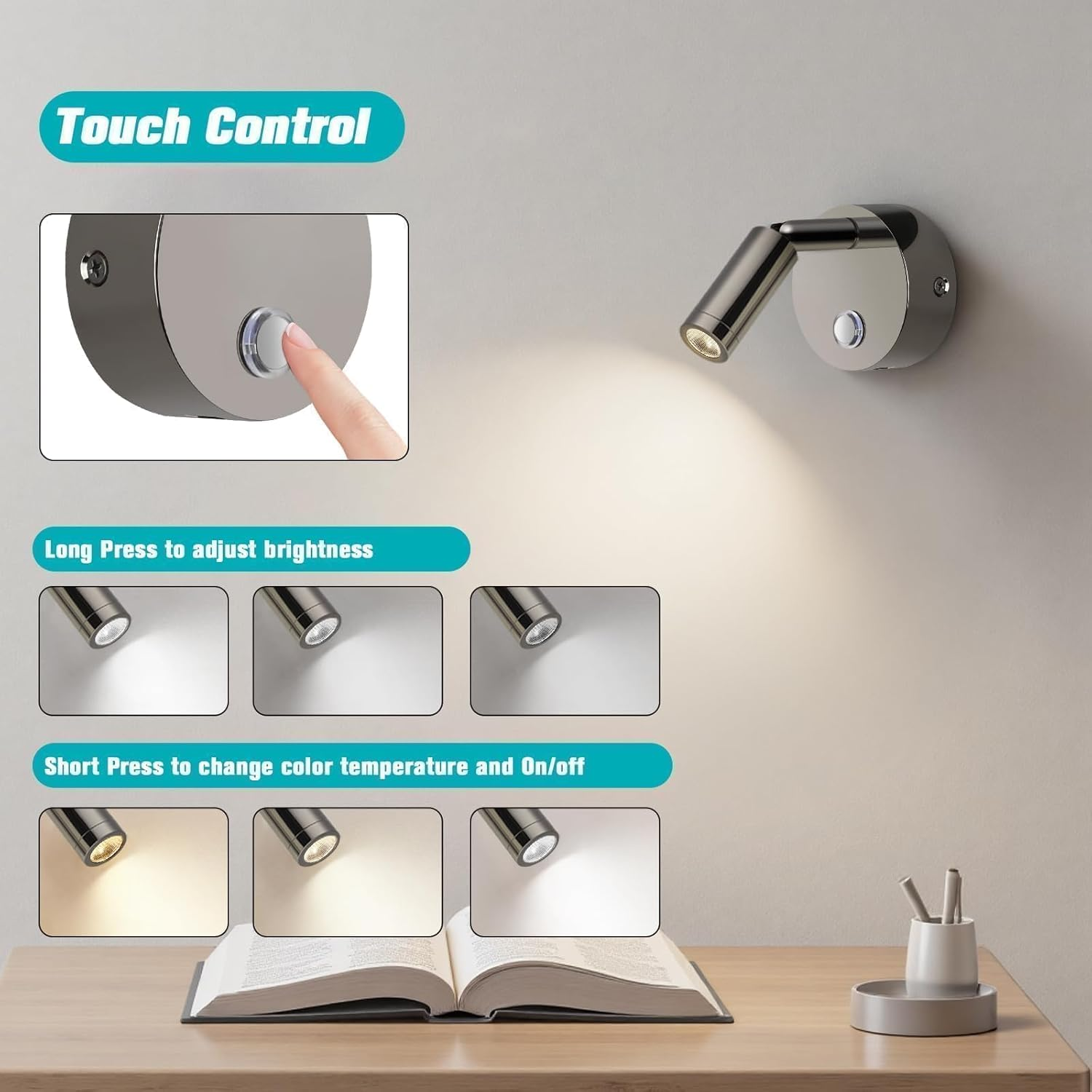 ERWEY 12 V Reading Lamp Motorhome, LED Wall Light, Bed Lamp with Switch, Touch, Dimmable, 3000 K - 6000 K, DC 12 V-24 V Spot RV Lighting with USB A+C Connections for Boat, Car, Camper, Van (Gloss