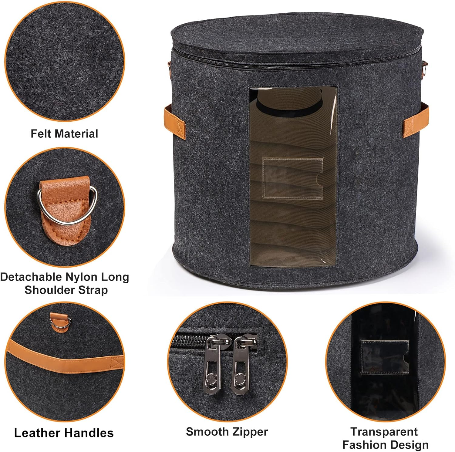 Large Storage Box for Women & Men, Travel Hat Box with Lid, Foldable round Cowboy Hat Organizer for Carrying & Storing Various Types, 19" D X 17" H image number 4
