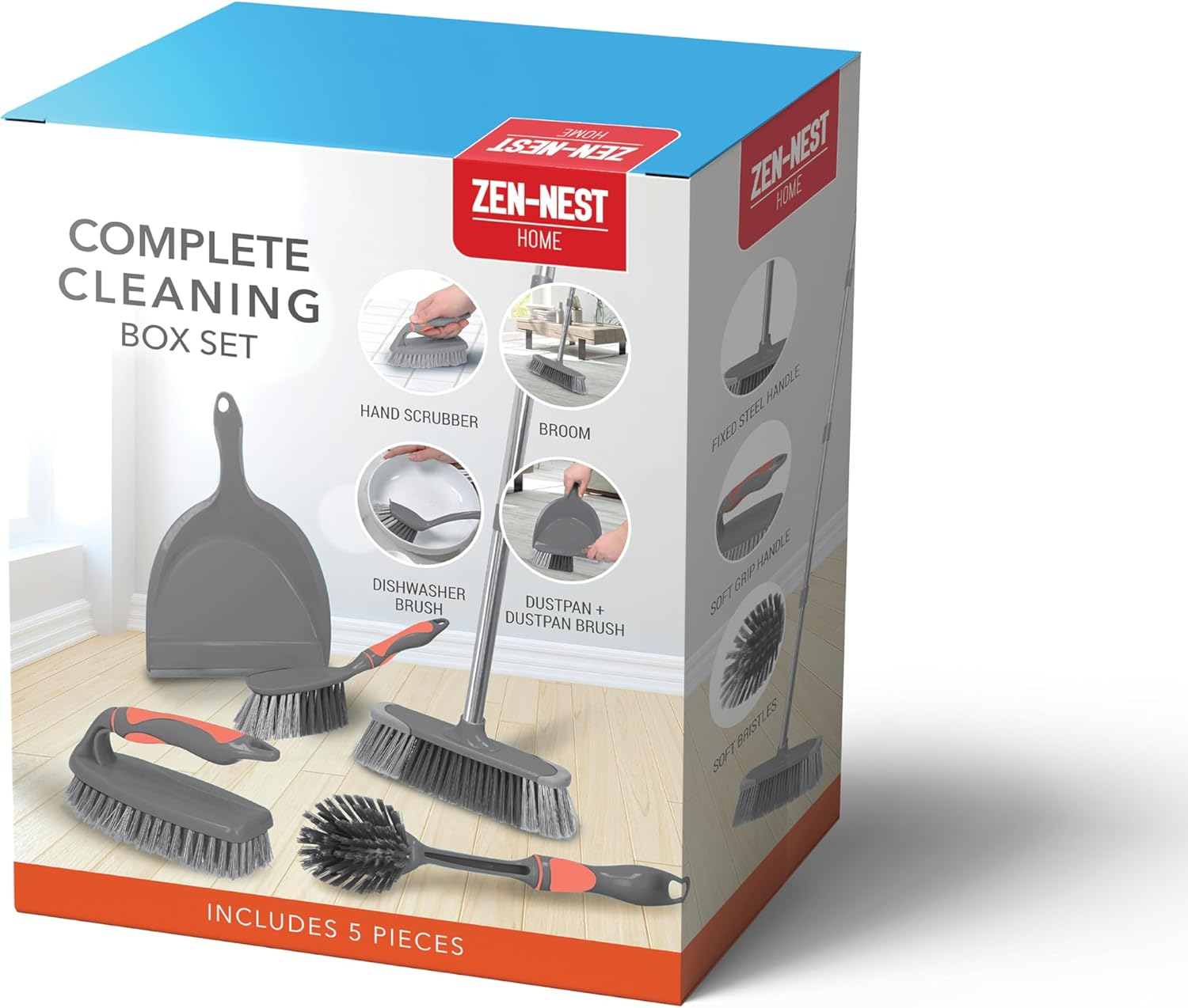 Zen Nest 5-In-1 Complete Cleaning Set &ndash; Multi-Purpose Home Cleaning Tools Kit with Broom, Dustpan, Mop & More &ndash; Space-Saving, Durable & Easy to Store (5Pcs) image number 4