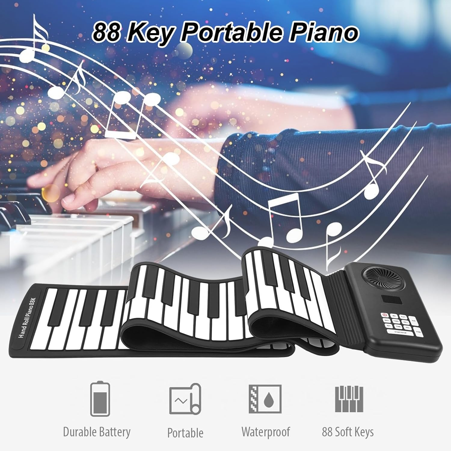 88 Key Portable Piano Handroll Electronic Piano Environmental Silicone Foldable Piano Home Practice Electronic Piano without Speaker for Travel Beginners