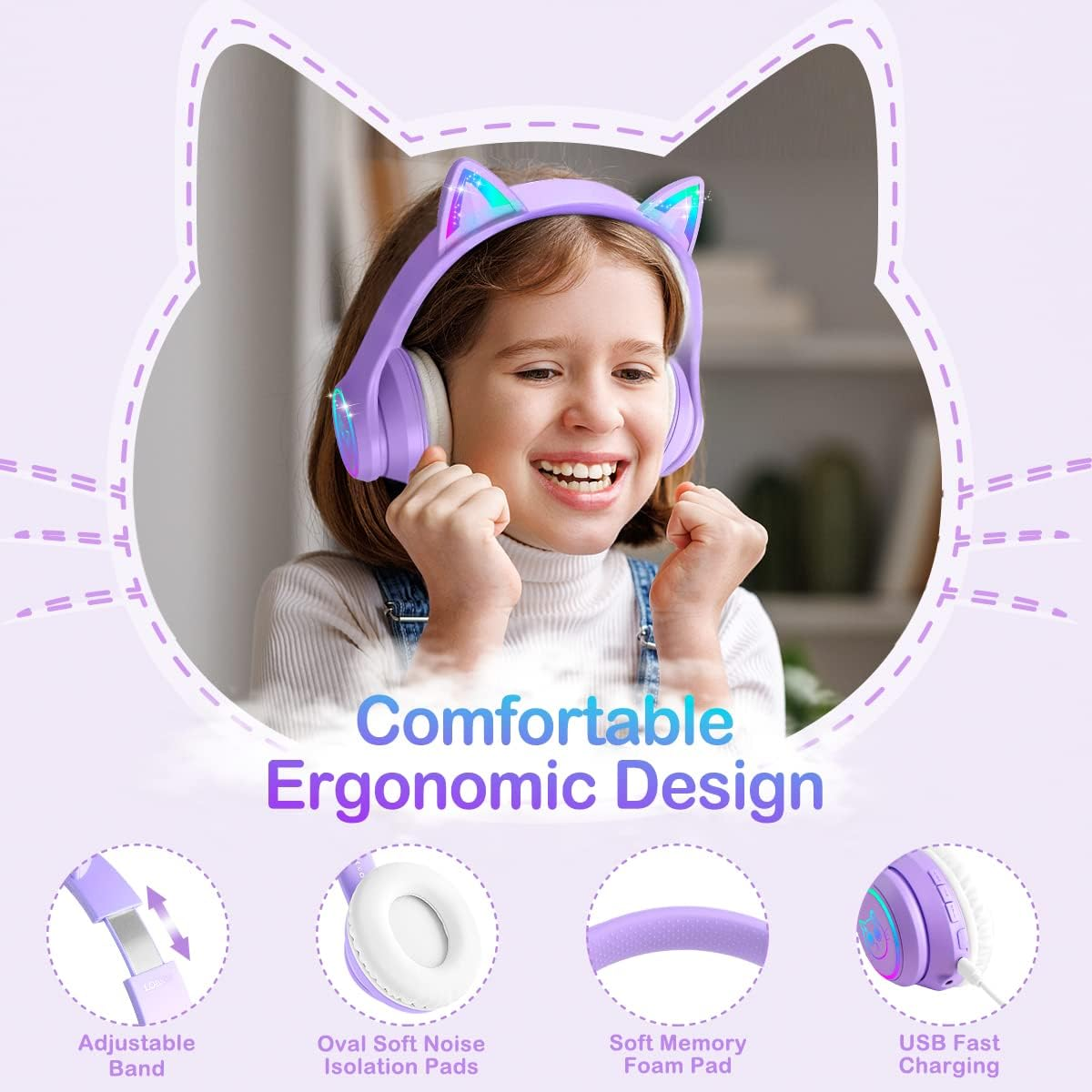 LOBKIN Bluetooth 5.4 Kids Headphones with Case - RGB LED Light up Cat Ears Foldable Adjustable On-Ear Headset Support Wireless or 3.5Mm Wired Mode for Toddler & Girls & Boys Teens (Purple) - Pink image number 4