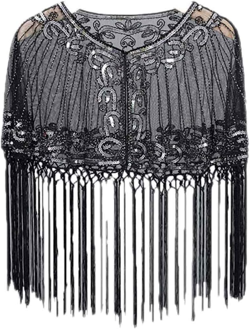 Fringed Bridal Evening Cape Beaded Sequin Deco 1920S Wraps Shawl Capelet Bolero Flapper Cover Up - Black-Blue image number 3