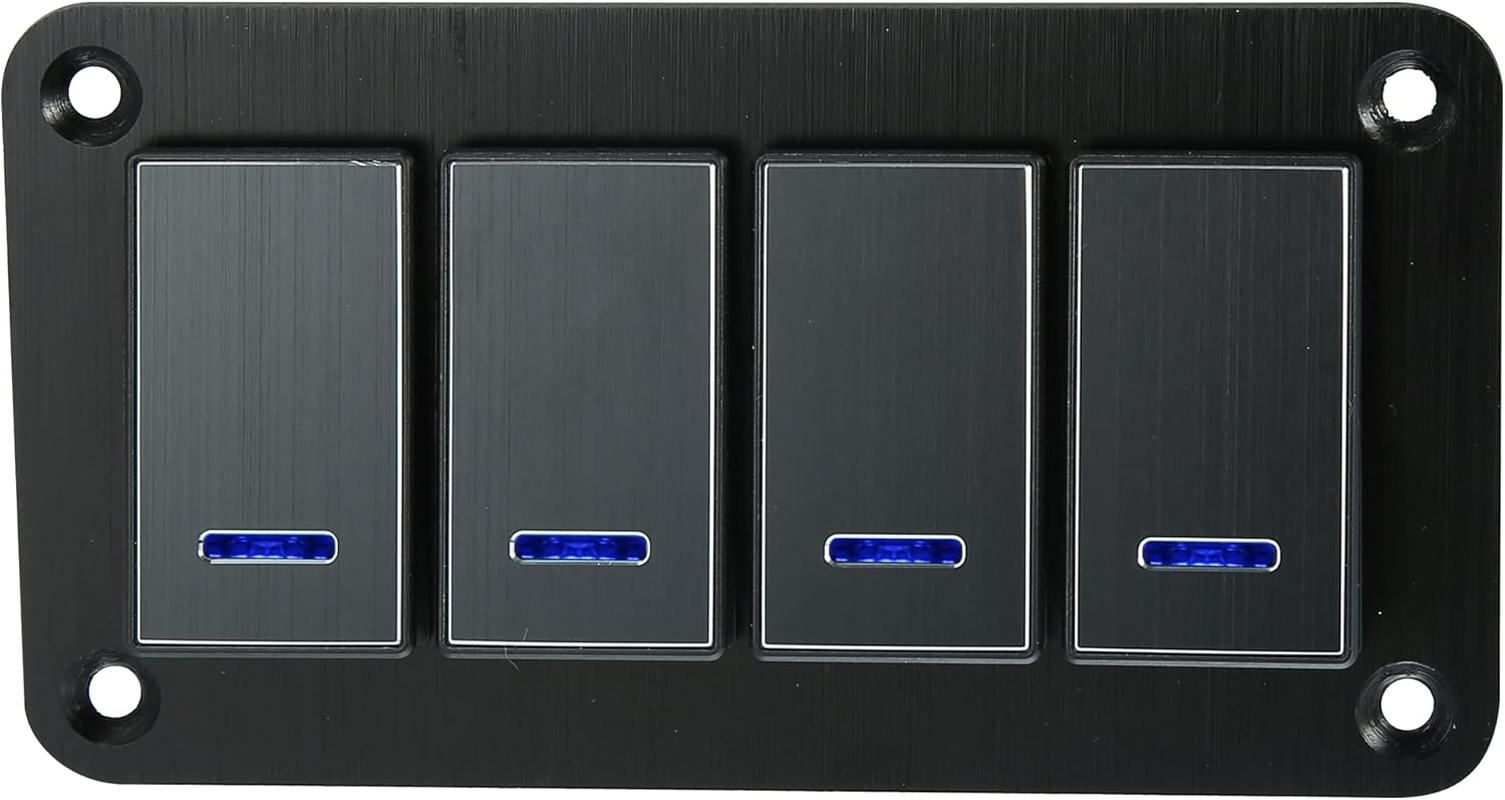 X AUTOHAUX 4 Gang Rocker Switch Panel 3 Pin on off Pre-Wired Toggle Switch Control Waterproof Aluminum Alloy Blue LED Light Push Button for 12V 24V Black