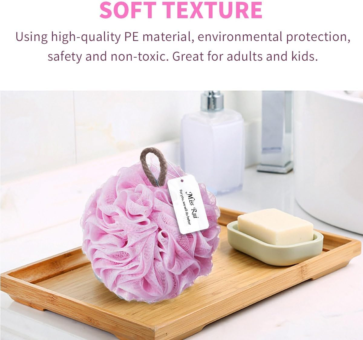 Miss Rui Shower Bath Sponge Shower Pouf Loofahs Balls 60G/Pcs for Body Wash Bathroom Men Women Kids Set of 2 Pink Sponges image number 6