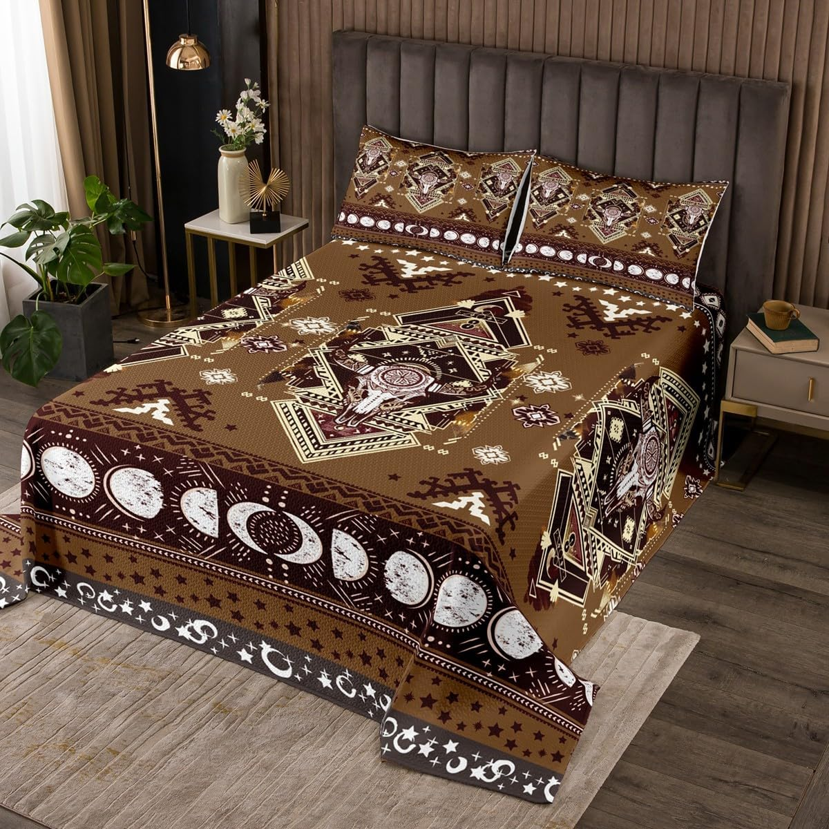 Manfei Rustic Cow Skull Bedspread Western Cowboy Bedding Set M Size Hand Drawn Moon Starry Sky Comforter Set Brown Aztec Tribal Coverlet Quilt Children Girls Adult Room Decor image number 4