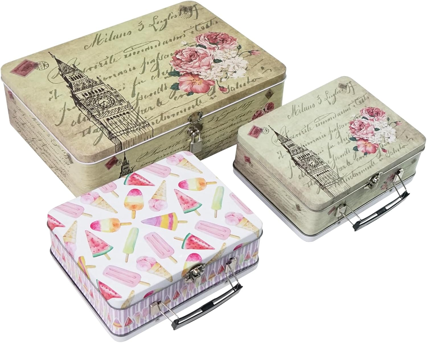 Dreamseden Storage Box Set with Lock - 12" Large Keepsake Box & 2 Handheld Tin Boxes - Decorative Container Memory Storage for Jewelry, Photos, Letter, Documents - Retro Home Decor Gift image number 3