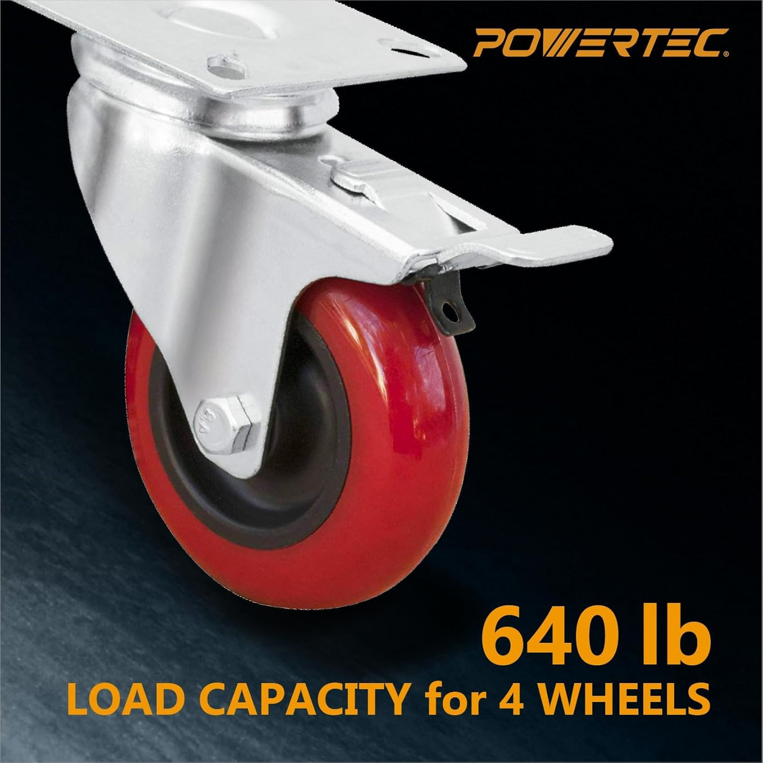 POWERTEC 3 Inch Swivel Caster Wheels Set of 4 with Brake & 640 Lbs Loads, Heavy Duty Plate Casters, Dual Locking PU Castor Wheels for Furniture, Cart, Dolly and Workbenches (17205)