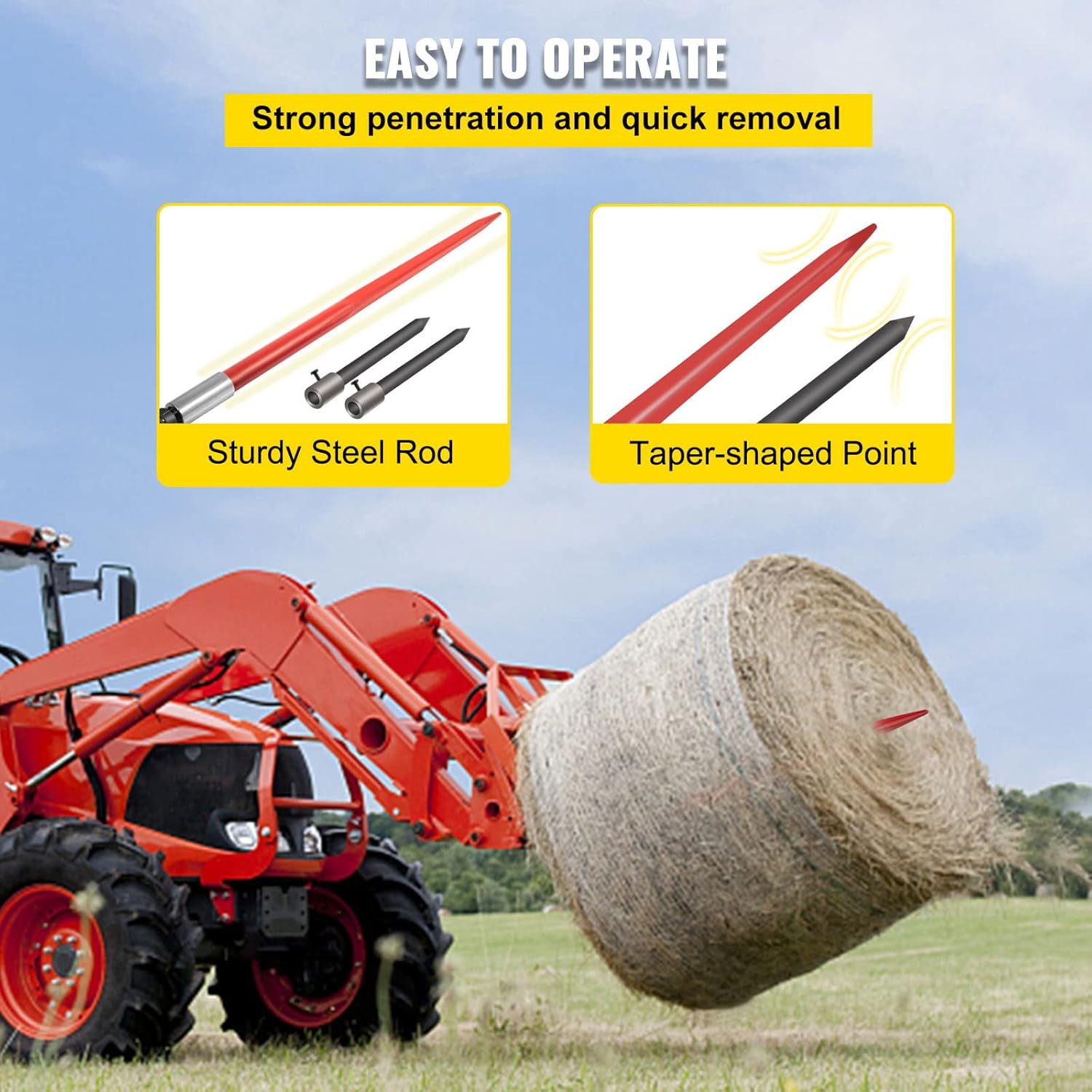 VEVOR Hay Spear 49" Bale Spear 3000 Lbs Capacity, Bale Spike Quick Attach Square Hay Bale Spears, Red Coated Bale Forks, Bale Hay Spike with 2 Stabilizer Spears image number 3
