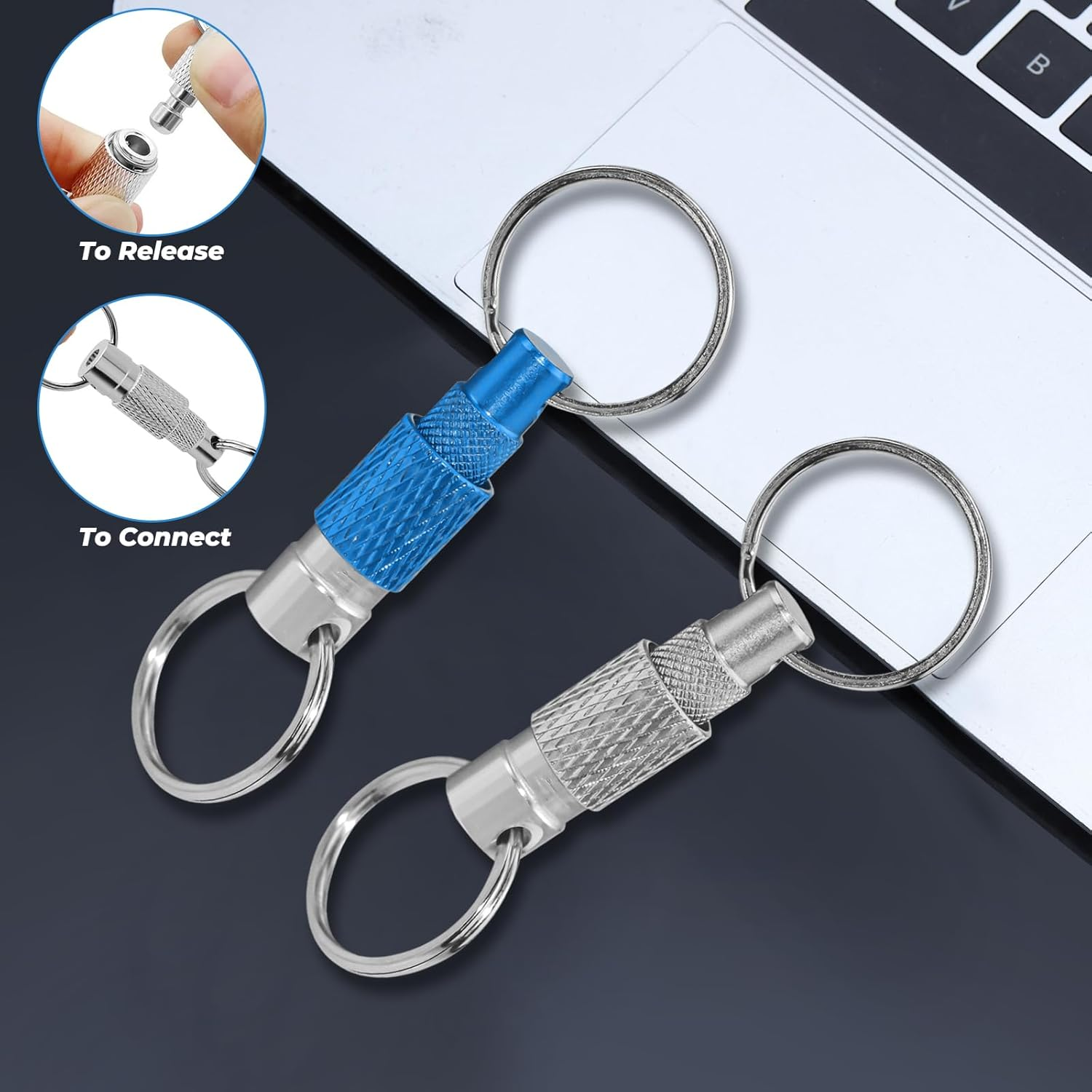 Pack of 2 Quick Release Key Chains, Removable & 360&deg; Rotating Key Ring with 4 Key Rings, Metal Key Organiser in Dark Blue & Silver for Car, Home, Men and Women image number 3