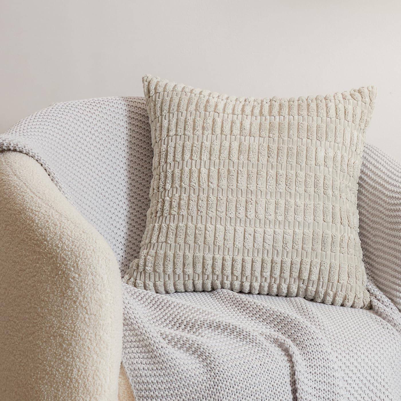 Pack of 2 Corduroy Decorative Throw Pillow Covers 18X18 Inch, Soft Neutral Couch Pillow Covers Boho Plush Striped Cushion Cases Rustic Farmhouse Home Decor for Sofa Bedroom Living Room Couch Balcony