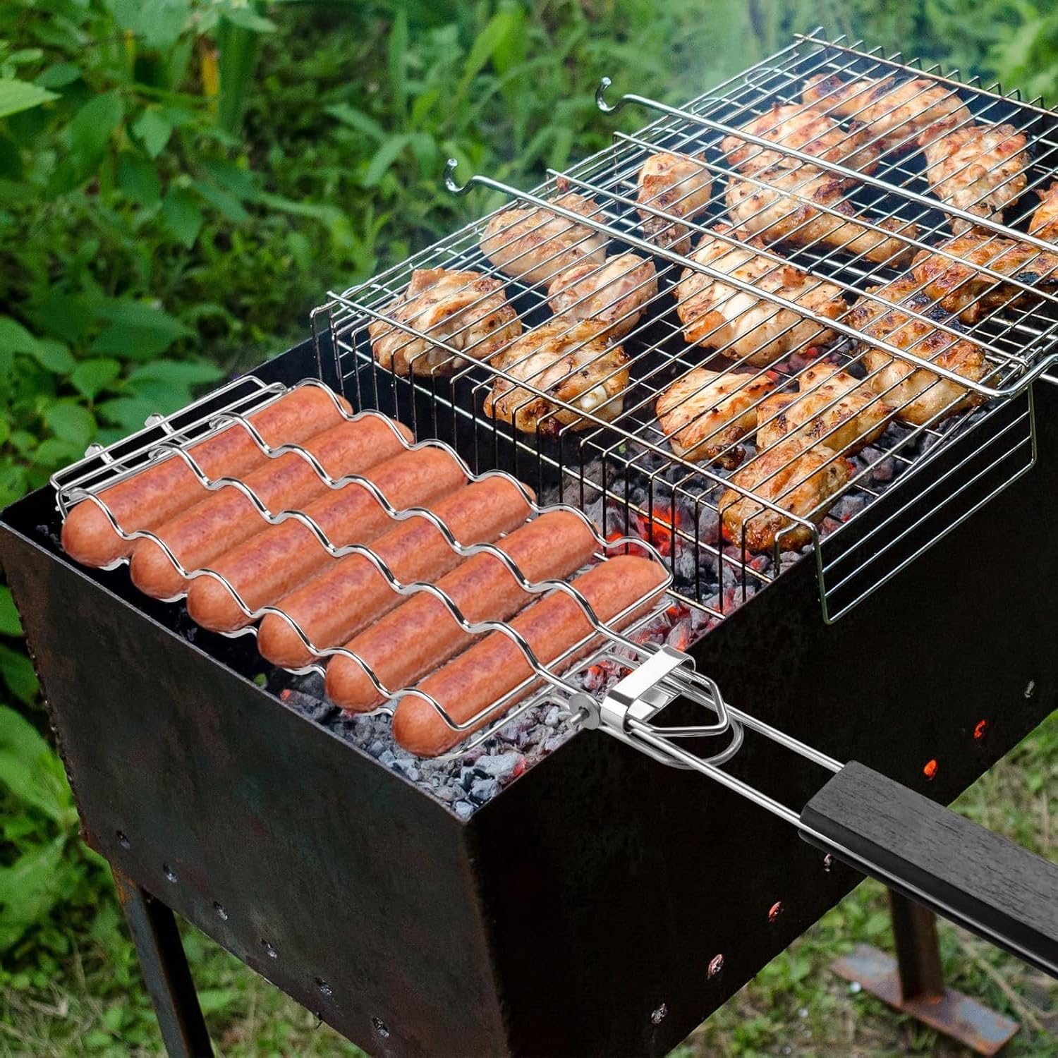 Hot Dog Holders for Grilling with Brush - 6 Hotdog Bbq Basket Stainless Steel Barbecue Mesh Clip，Removable Heat-Resistant Wooden Handle for Sausages, Steak, Vegetables Cooking, Easy to Clean & Store image number 1