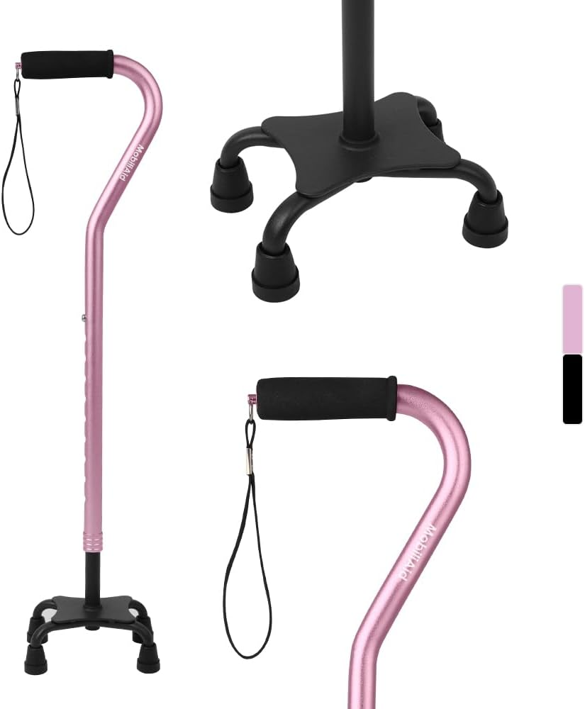 Quad Walking Stick, Adjustable Walking Cane with Offset Soft Cushioned Handle for Men & Women, Lightweight Comfortable with 4-Pronged Foot for Extra Stability