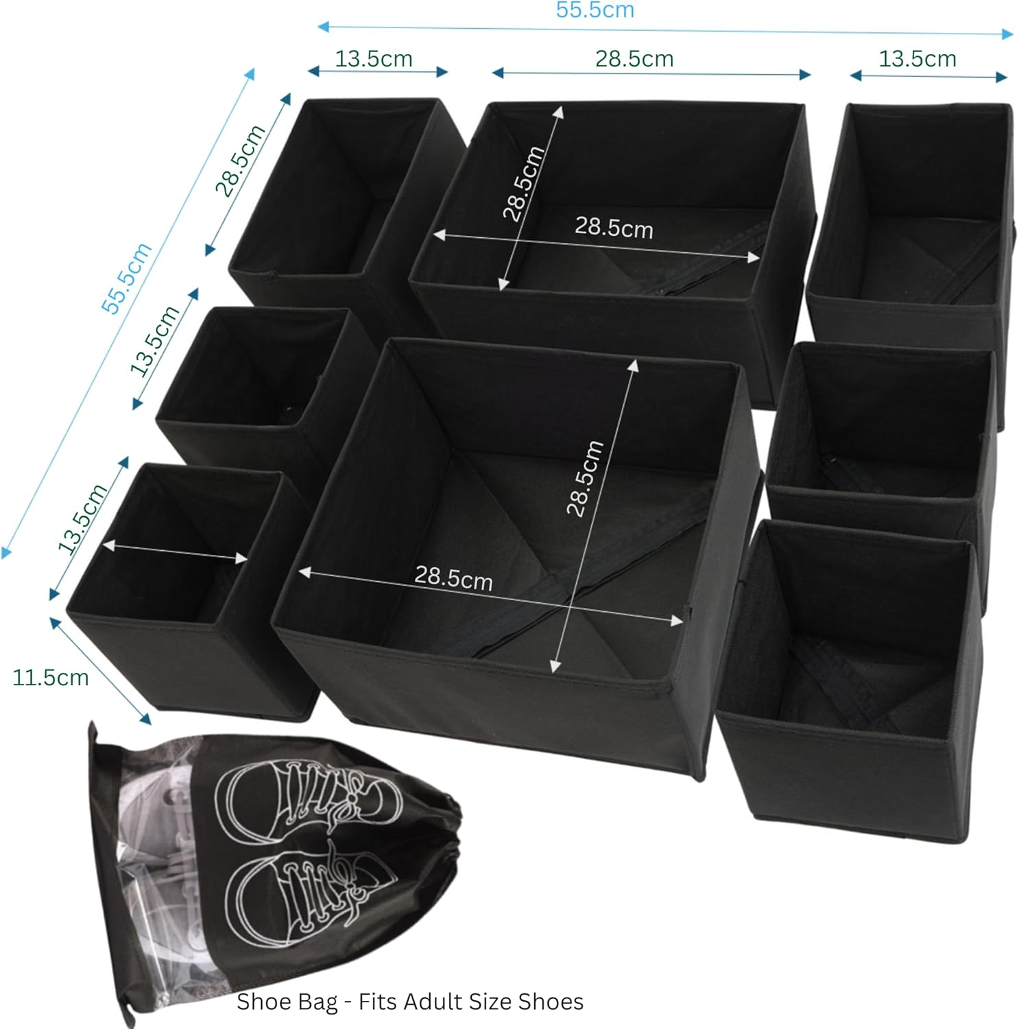 Okam Clothes Drawer Organiser Set of 8 - Underwear/Bra/Sock Organiser with Bonus Shoe Bag - Versatile Organisers for Drawers - Tidy Storage Solution for Bedroom - Foldable Design - Black image number 3