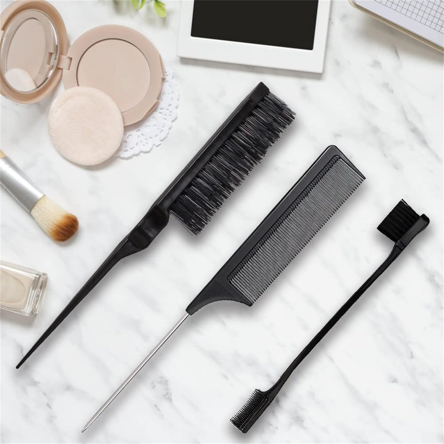 Comb Set, Black Comb,3 Pcs. Slick Back Hair Brush,Slick Back Brush with Edge Brush, Styling Comb for Kids for Middle Part，Rat Tail Comb, Teasing Brush Set for Smoothing Brush Baby Hair image number 6