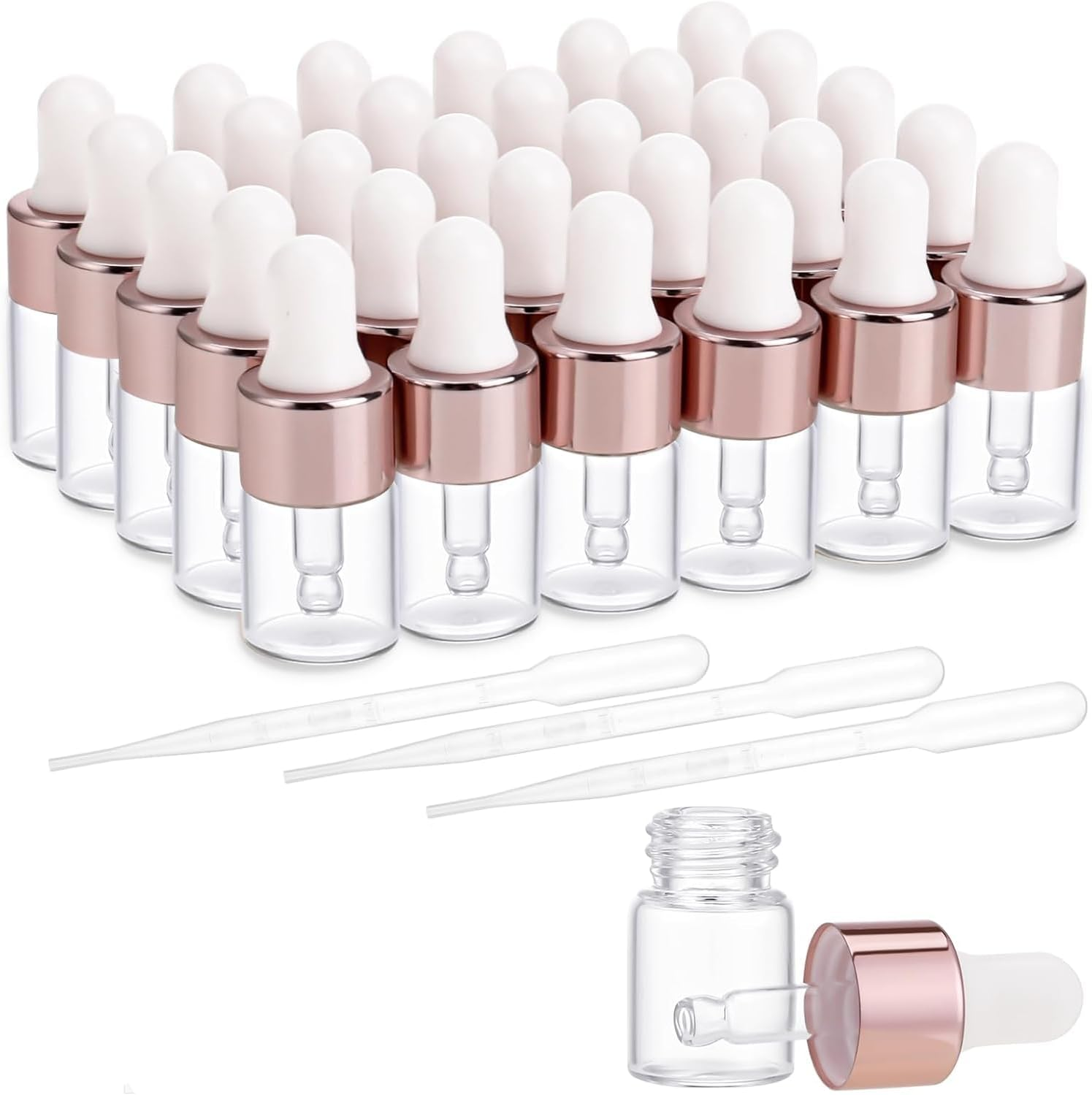 Dropper Bottle,30 Pack Mini Dropper Bottle for Cuticle Oil with 3 Dropper Pipettes, 2Ml Small Sample Essential Oil Dropper Bottles for Travel, Clear Empty Vails for Cosmetic Perfume（Rose Gold）