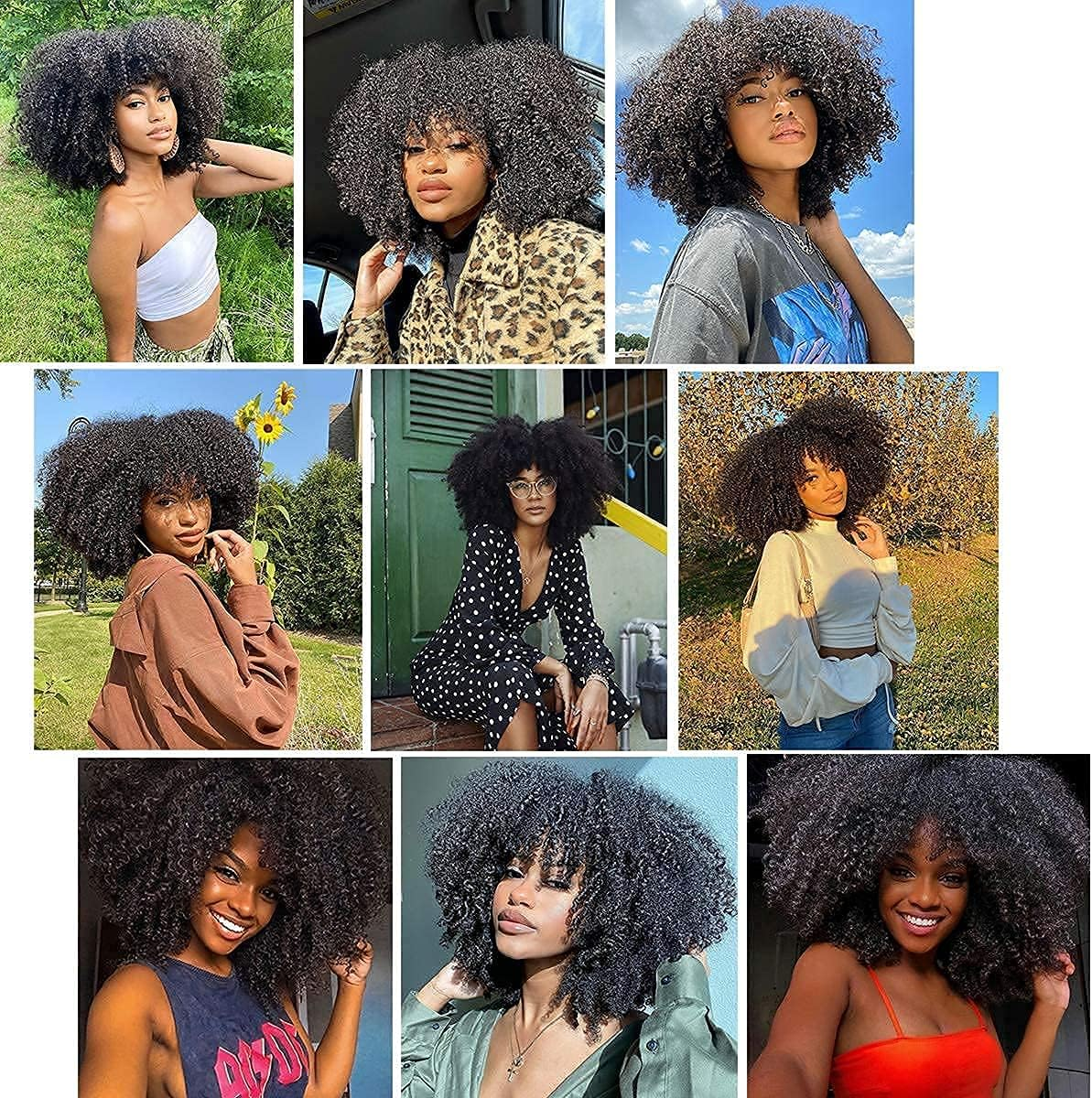 Runm Short Curly Afro Wig with Bangs for Black Women Kinky Curly Hair Wig Afro Synthetic Heat Resistant Full Wigs(Black) image number 4