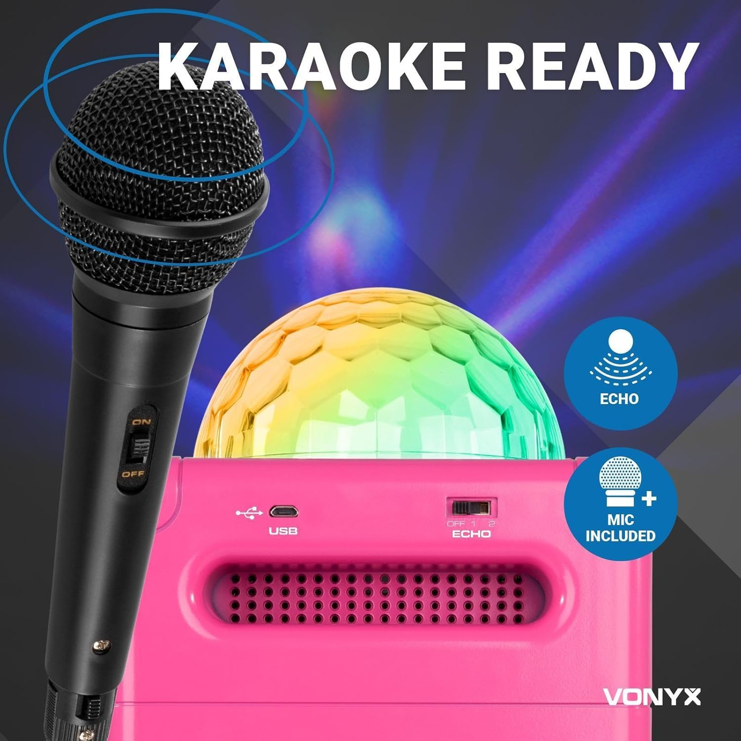 Karaoke Machine Microphone Bluetooth Portable Party Speaker Pink LED Light Kids SBS50P image number 6