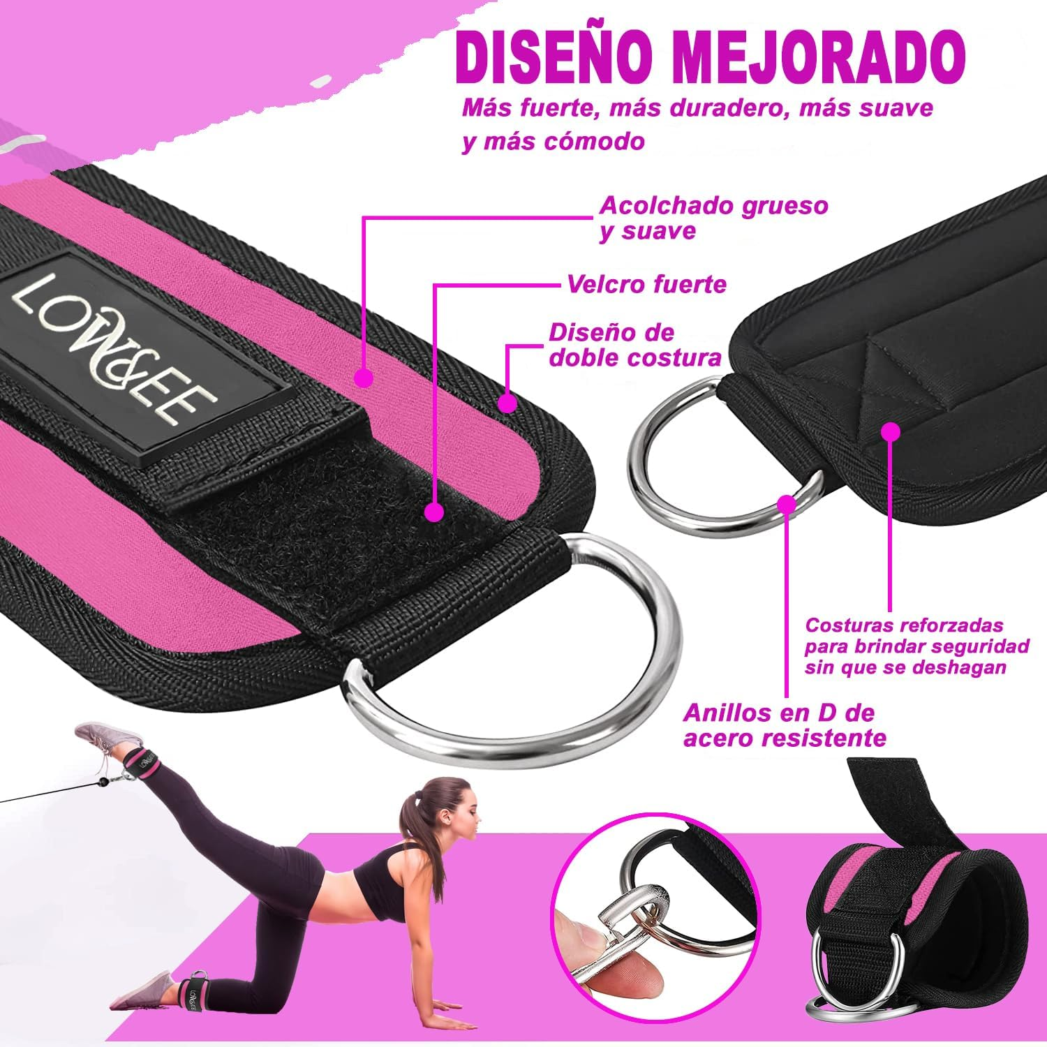 LOW&EE&reg; Pack of 2 Ankle Strap Pulleys Gym - Ankle Brace for Pulley Padded with Velcro for Women and Men - Gym Ankle Strap for Cable Machine Fitness and Gym