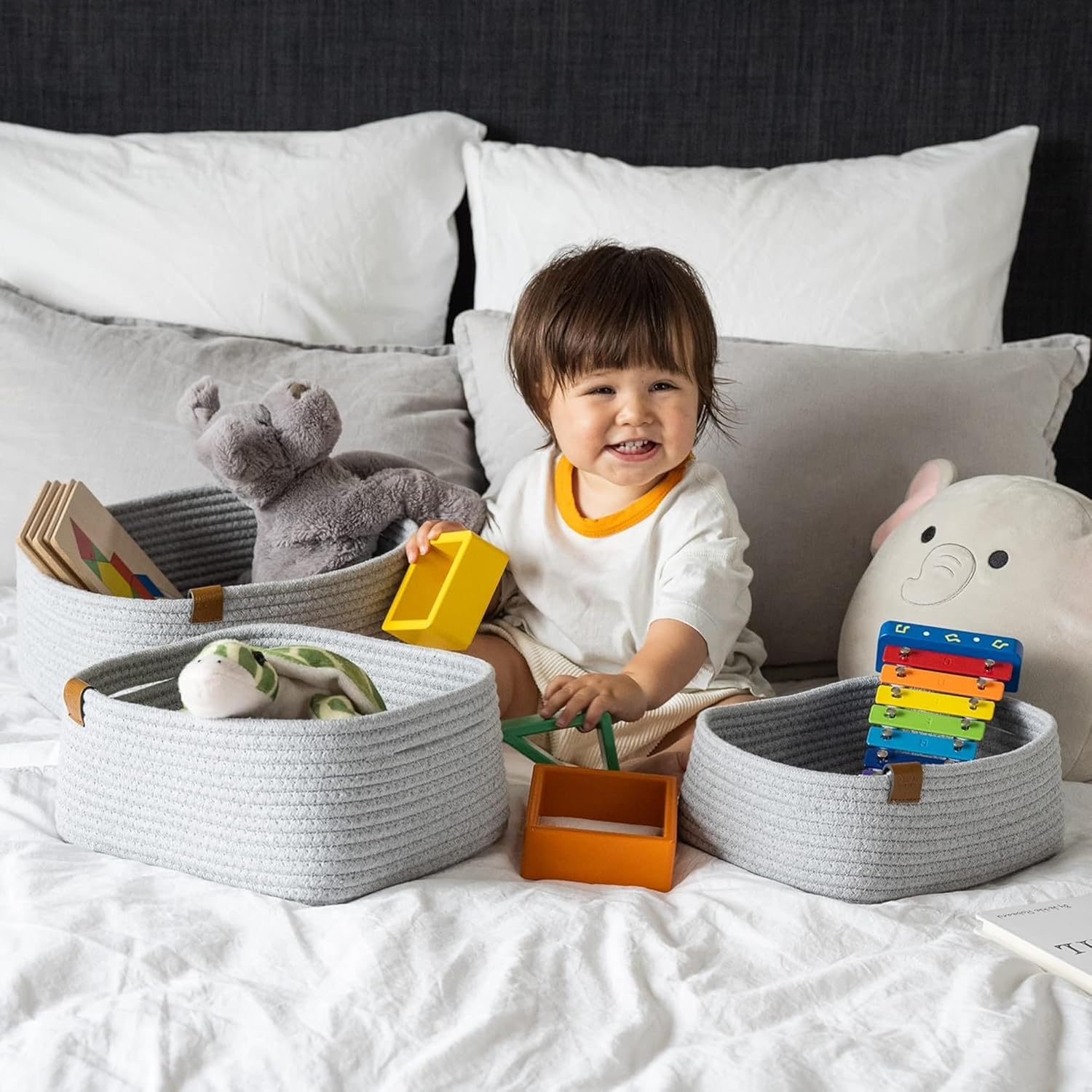 DENJA & CO Decorative Storage Basket Organiser Set of 3 - Woven Cotton Rope Baskets for Bathroom Storage - Nursery Organisation Baskets for Toys, Books, Diapers - Rectangle Basket Set for Home Decor image number 5