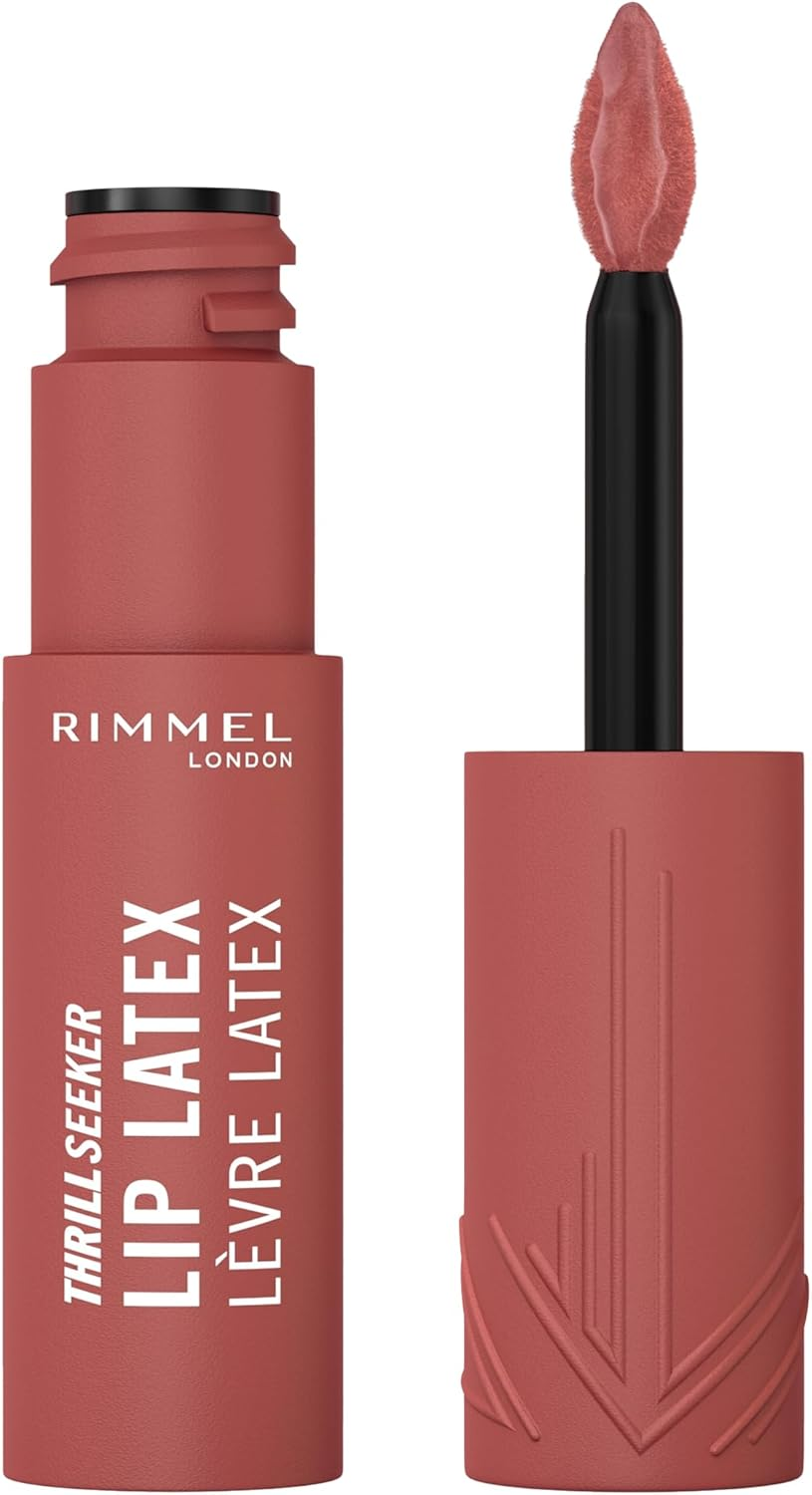 Rimmel Thrill Seeker Lip Latex, 350 Spicy, Liquid Lipstick, Lipgloss, Lip Colour, Hyaluronic Lipstick, Lip Stain, Smooth Shine, Hydration, Hyaluronic Acid, Vitamin E, Aloe Vera, 6Ml