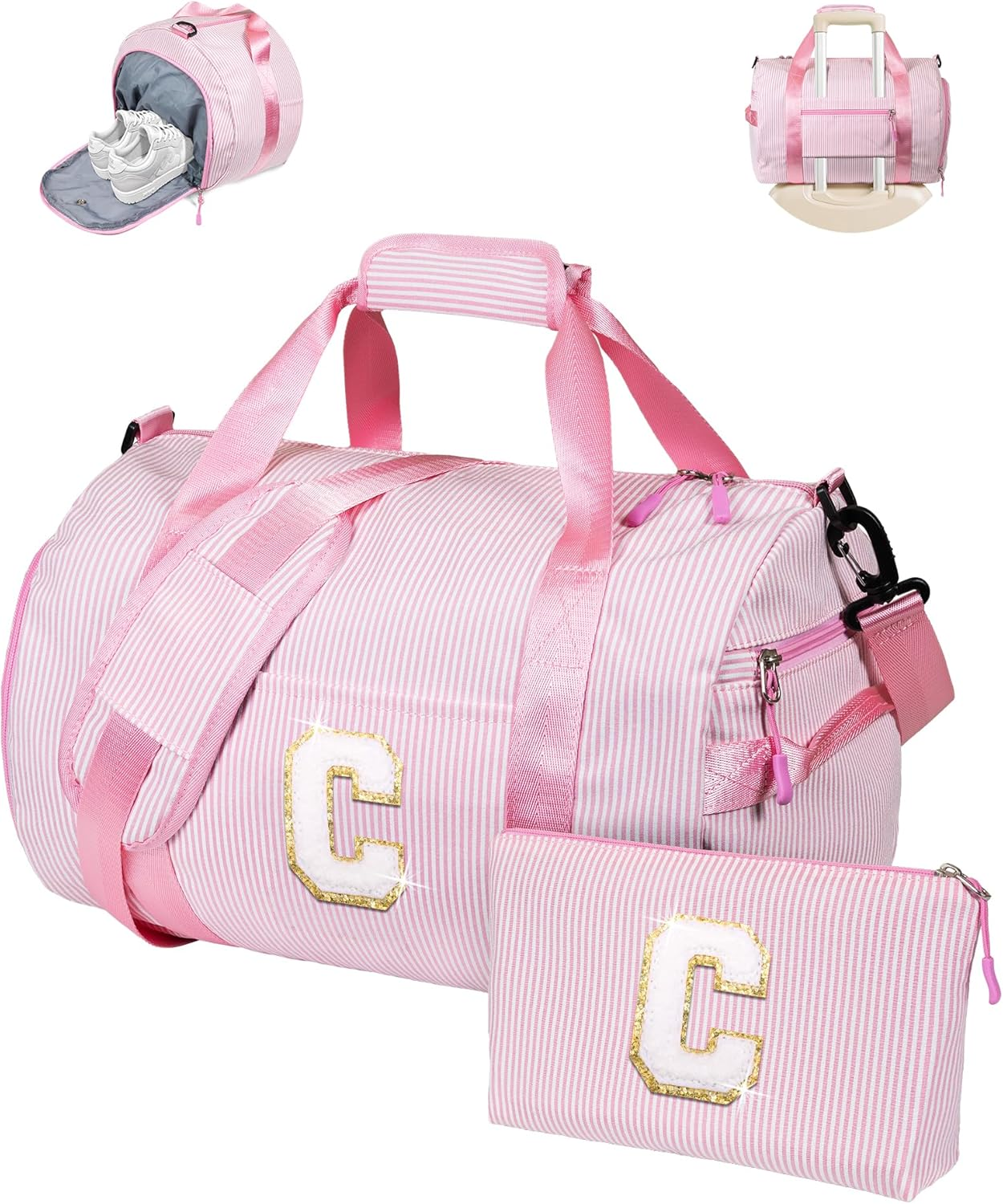 Vogewood Gift for Teenager, Girls Travel Duffle Bag, Kids Initial Overnight Duffel Bags with Shoe Compartment, Personalized Weekender Bag with Makeup Pouch, Teen Girl Gifts Trendy Stuff, Pink, C image number 5