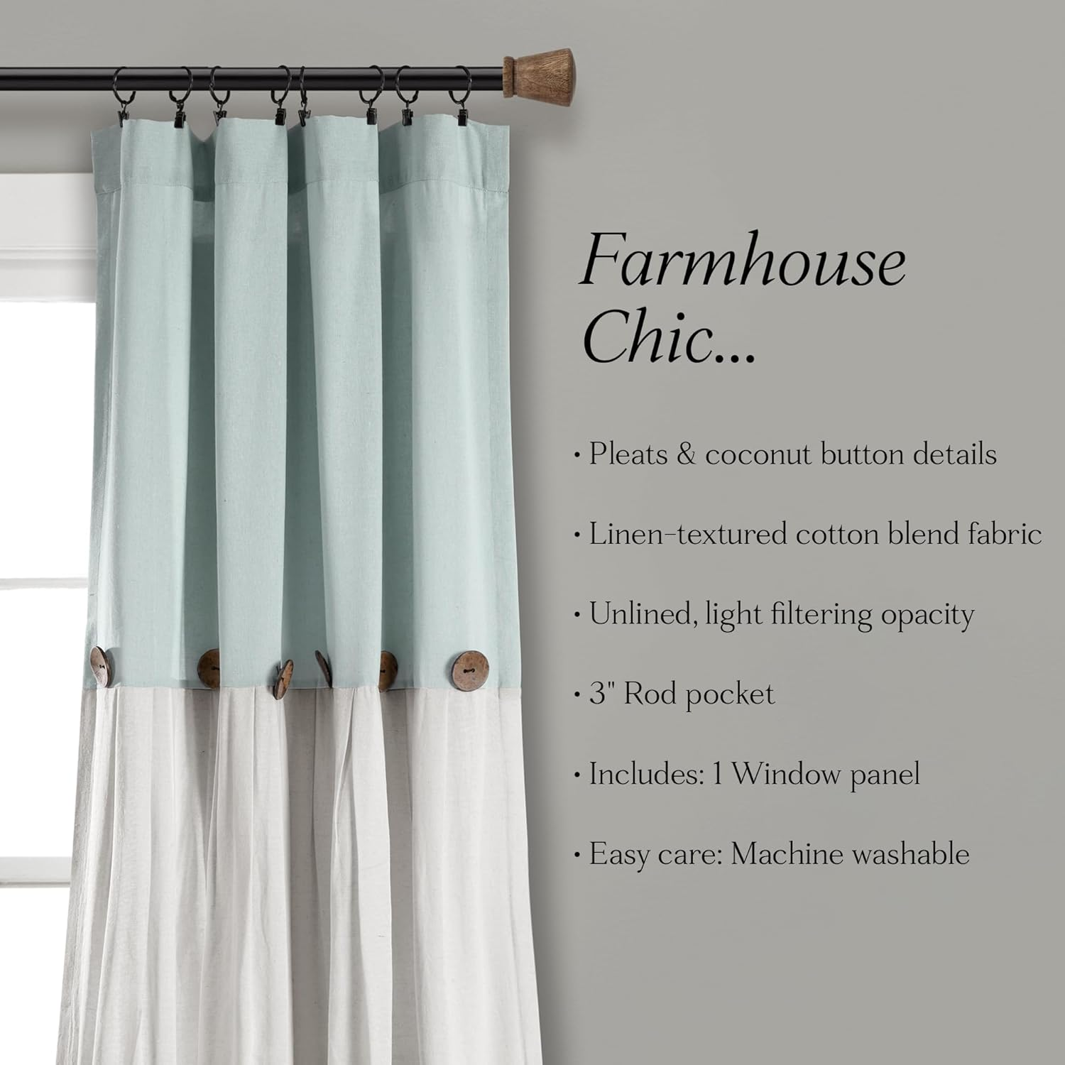 Lush Decor Linen Button Window Curtain Panel, Single, 40" W X 95" L, Blue & White - Country Curtains - Rustic Decor - Color Block Modern Farmhouse Curtains for Living Room, Bedroom & Dining Room image number 3