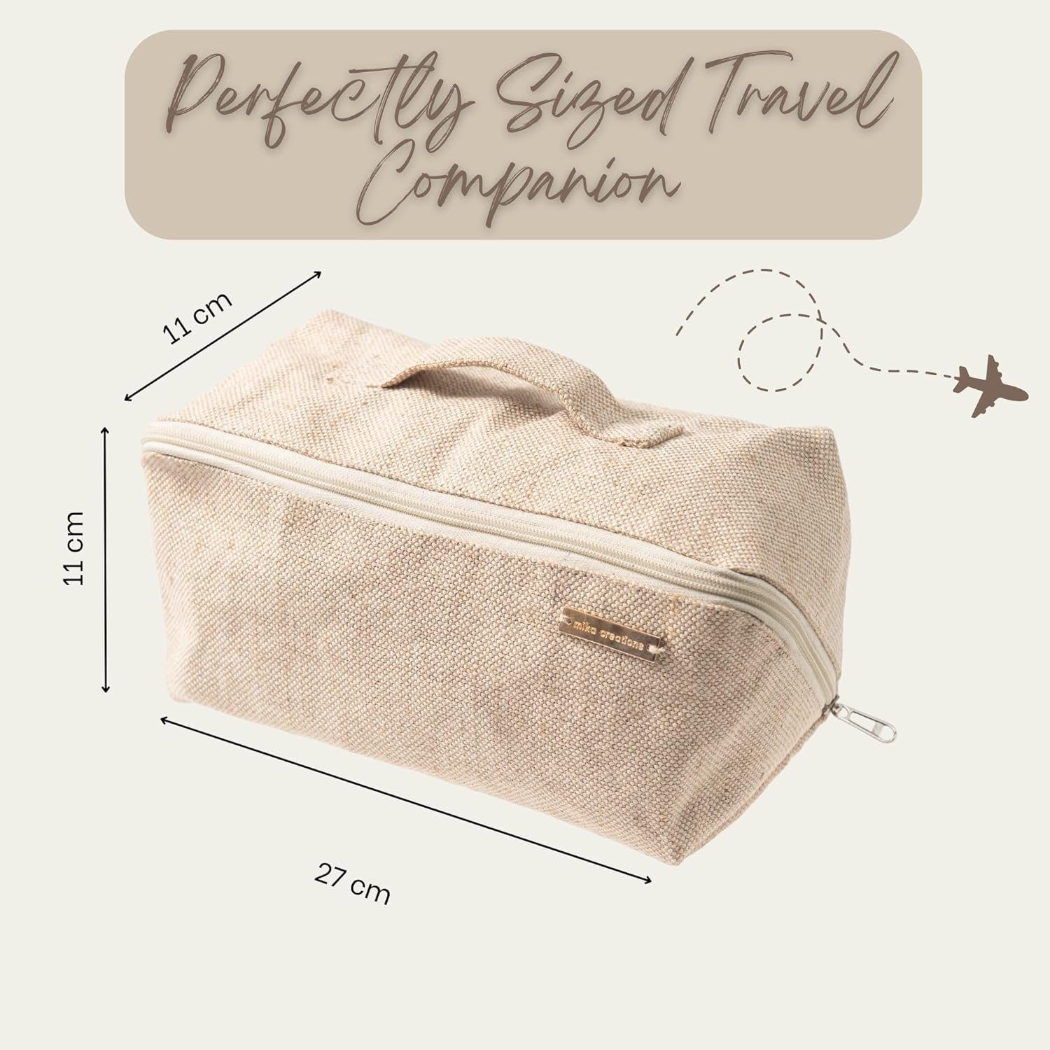 Travel Makeup Bag | Flat Lay Toiletry Organiser | Compact Storage for Cosmetics and Toiletries | Jute and Cotton | Sustainable Alternative to Nylon | Beige | Mika Creations image number 2