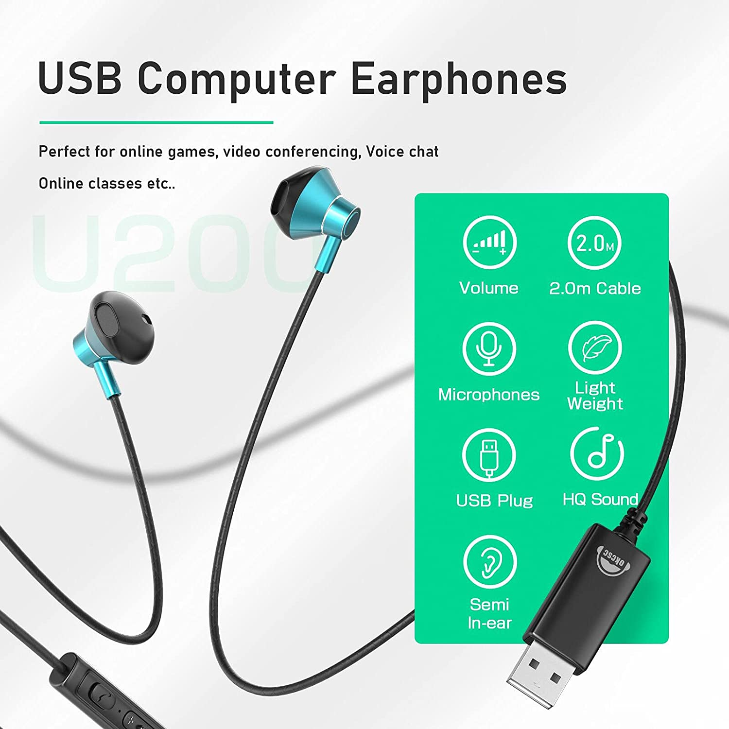 USB Headset with Microphone for PC, OKCSC U200 Wired USB Earbuds Noise Cancelling Lightweight PC Headset for Laptop Desktop Office Live Stream Online Meeting 2 M Green image number 1