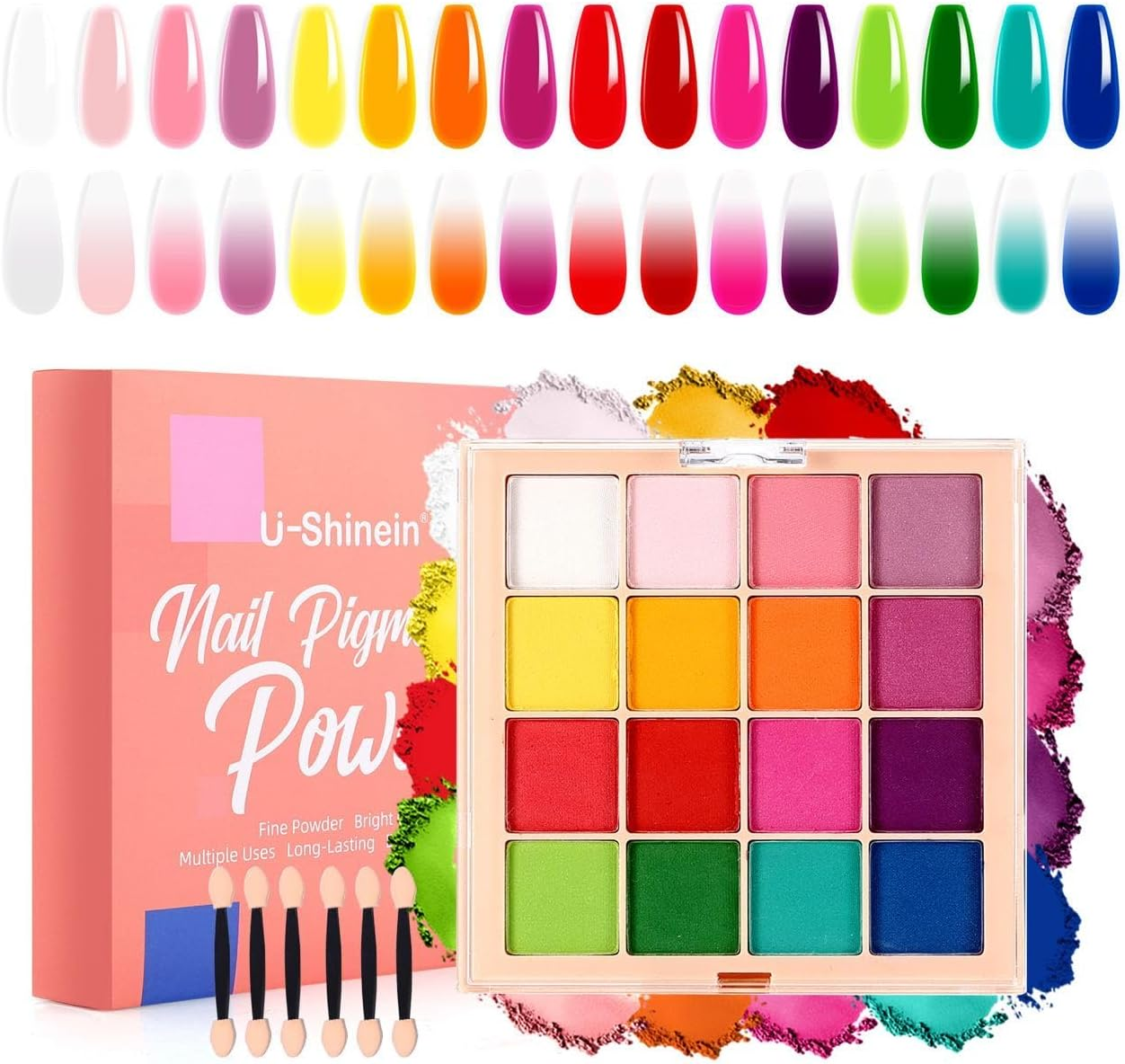 U-Shinein Nail Pigment Powder Palette Set, 16 Colors Ombre Nail Powder Palette French Aura Nails Ombre Nail Brush Nail Long-Lasting Manicure Art DIY Accessories (A)