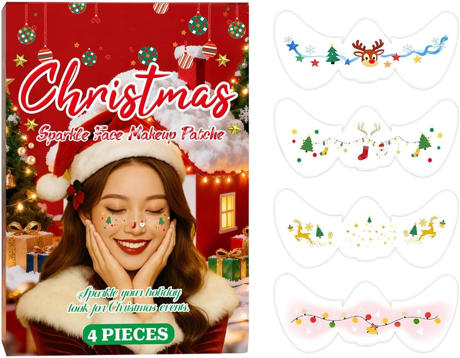 4-Piece Christmas Glitter Freckle Waterproof Face Gems Pre-Designed Shapes Gentle Adhesive Easy Water Removal for Girls Teens Holiday Party Festival Cosplay Celebration Event Masquerade