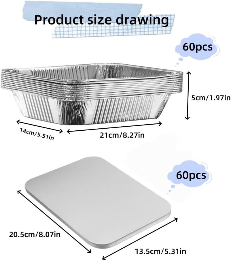 800-ML Thickened Aluminum Foil Food Container, Aluminum Foil Food Container with Lid, Used for Baking, Meal Preparation and Freezing, 60 Pcs image number 1