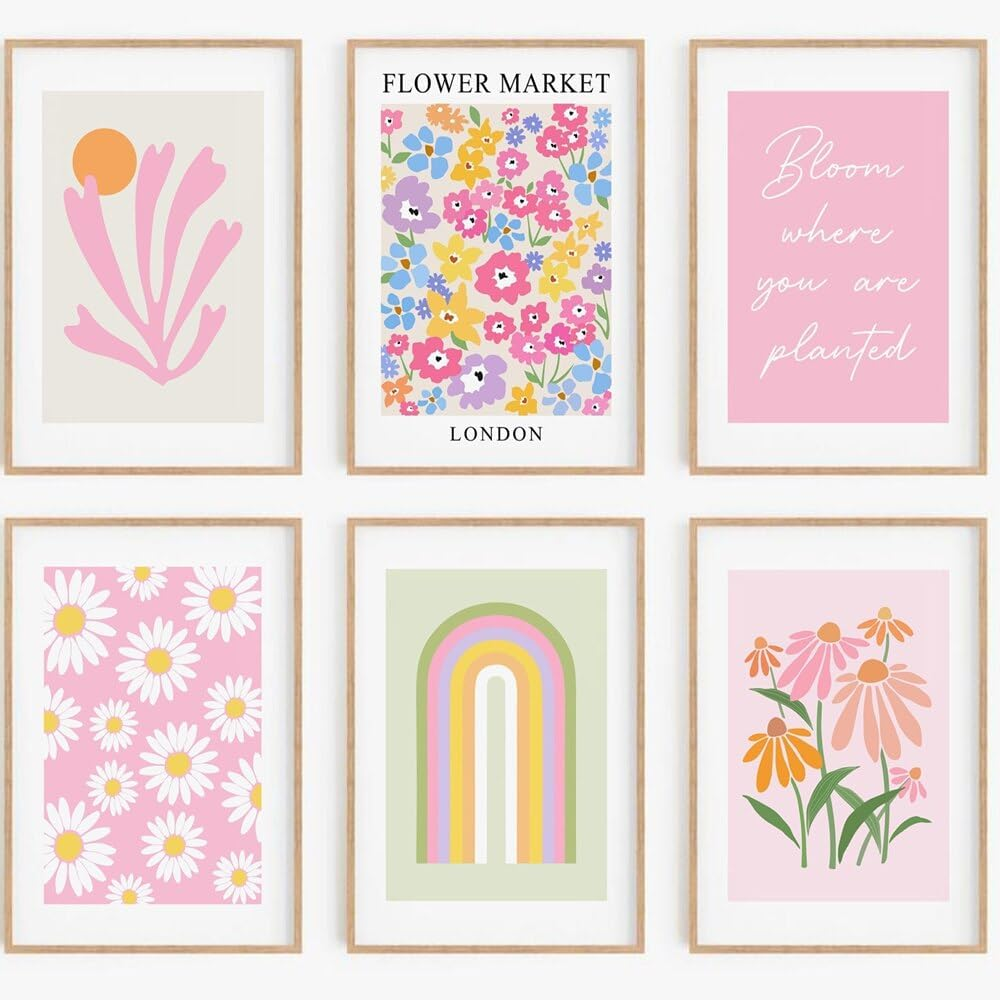 ZIENVE Pink Danish Pastel Poster Set &ndash; 6 Aesthetic Botanical & Flower Market Wall Art Prints for Girls&rsquo; Dorm & Bedroom Decor &ndash; Unframed 20X25Cm image number 3
