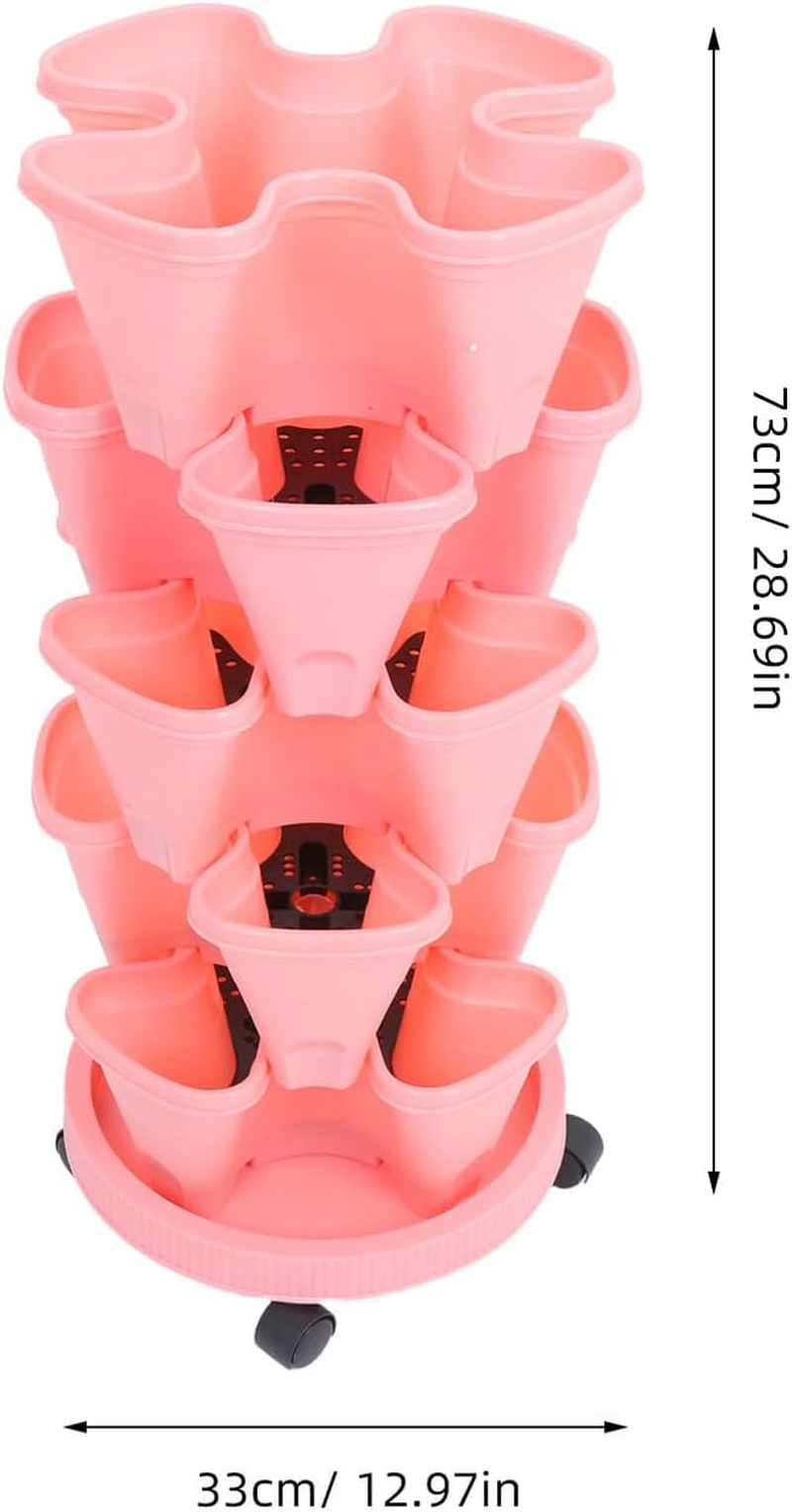 GAROZATION Stackable Vertical Strawberry Tower Planter with Movable Casters Multi-Layer Flower Pot for Outdoor Herb and Vegetable Gardening Space-Saving Pink Multi-Tiered Planter Box image number 2