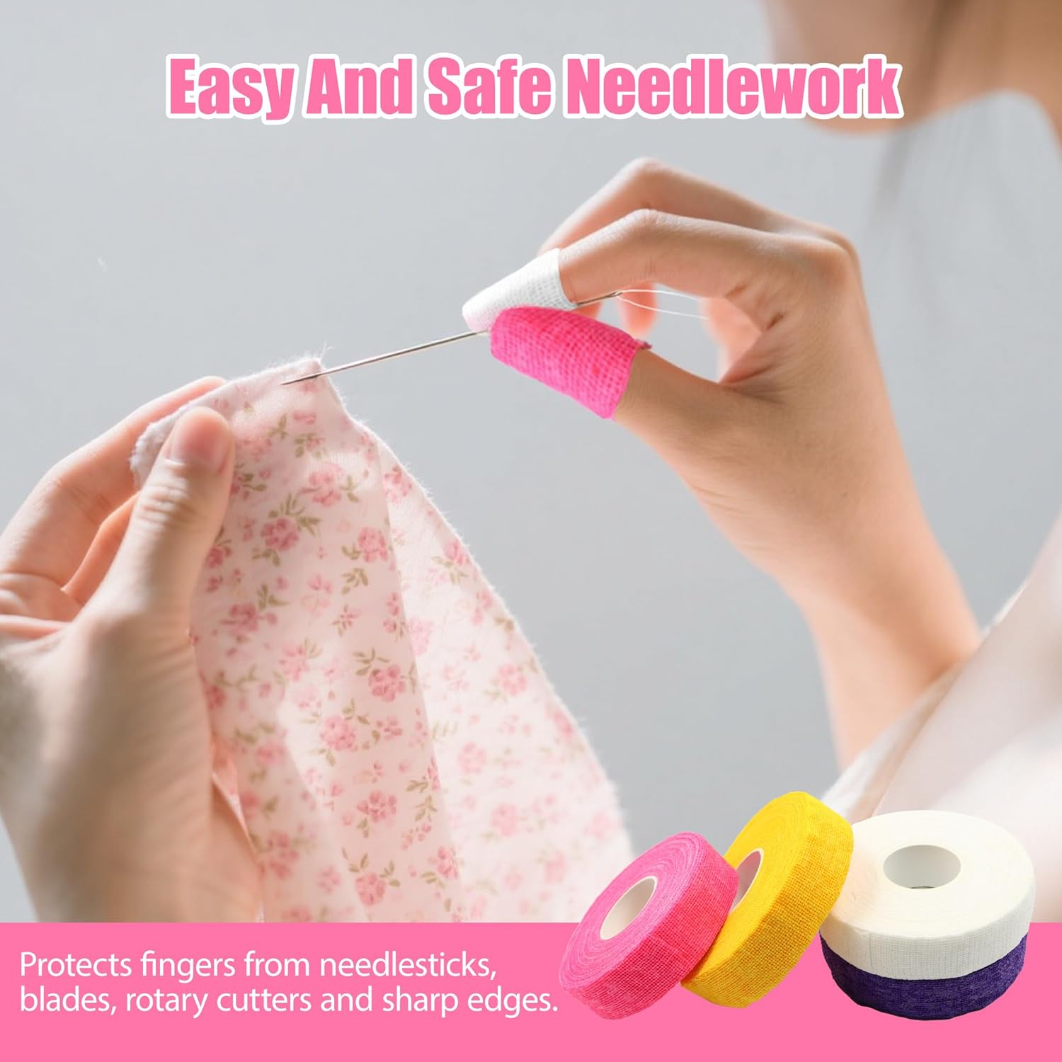 4 Colors Sewing Finger Protector, Self Adhesive Fingertip Tape for Hand Embroidery, Breathable Cotton Finger Protectors for Sewing, Knitting, Crafting, Quilting image number 4