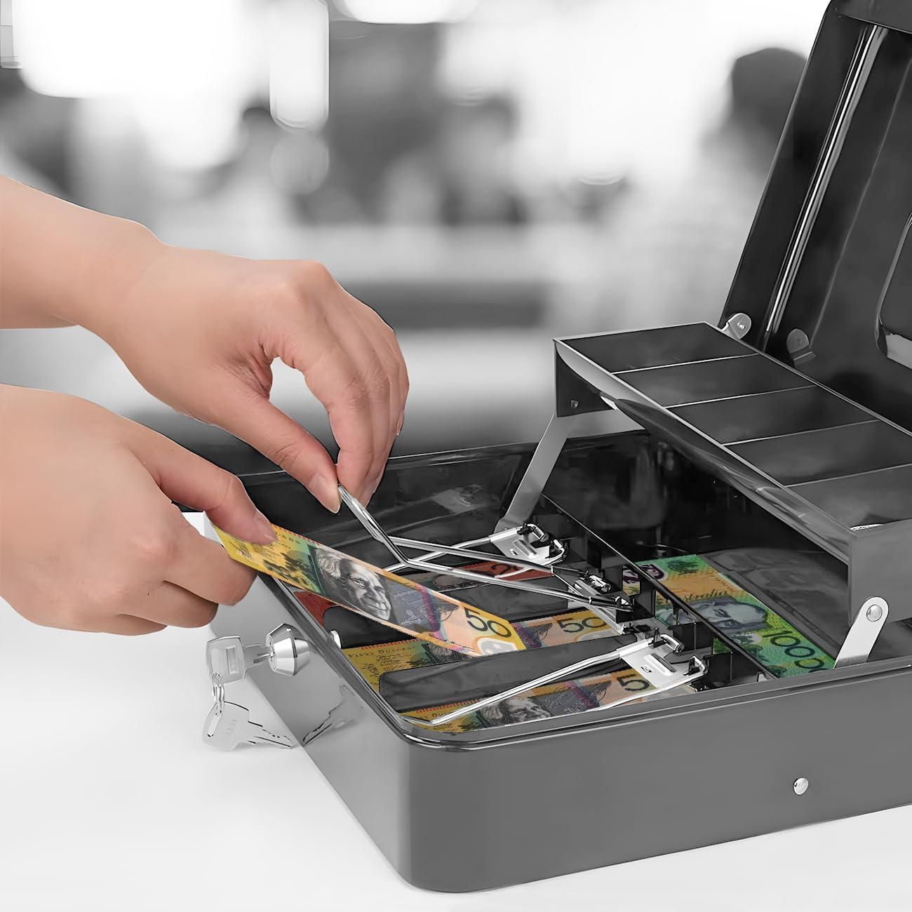 Aumerage Metal Cash Box with Security Lock & 2 Keys - 4 Bill/5 Coin Tray Storage, Large Lockable Money Box for Small Business/Home (Gray)